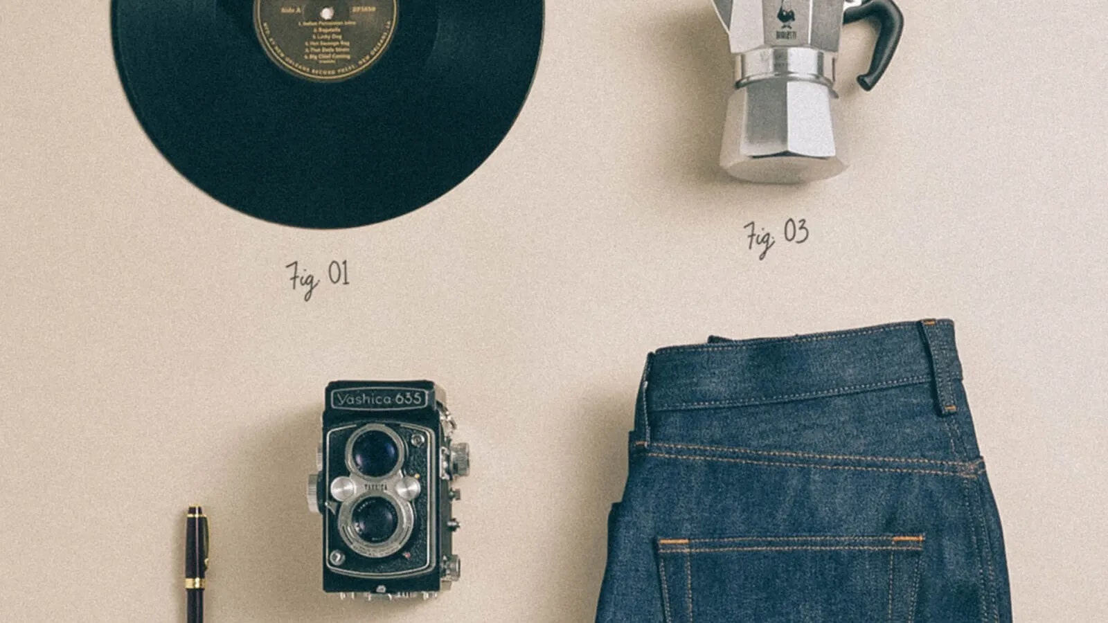 jeans, record, watch, moka pot, pen, and camera collage