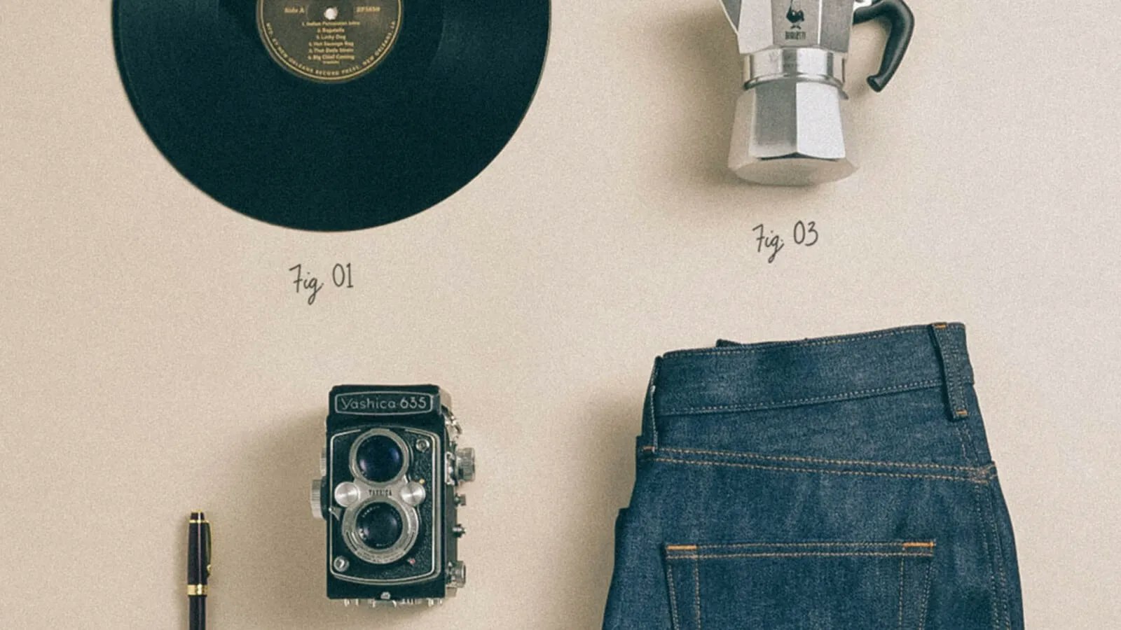 jeans, record, watch, moka pot, pen, and camera collage