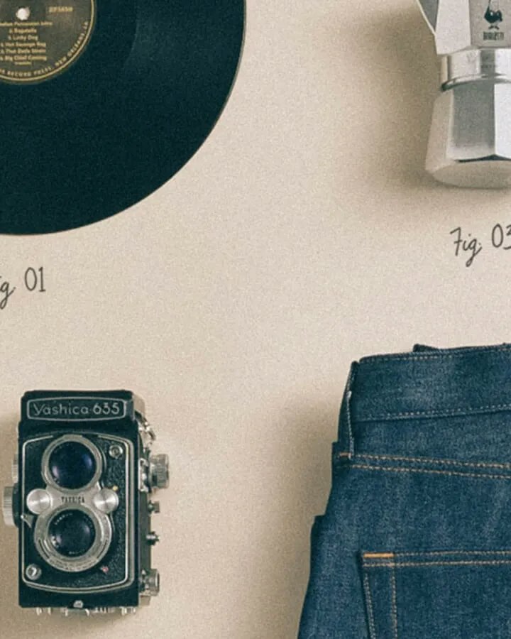 jeans, record, watch, moka pot, pen, and camera collage
