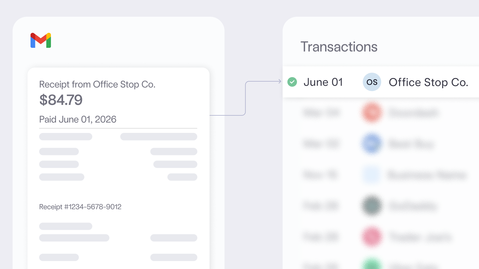 Email client showing receipt matched to transaction list in Mercury.