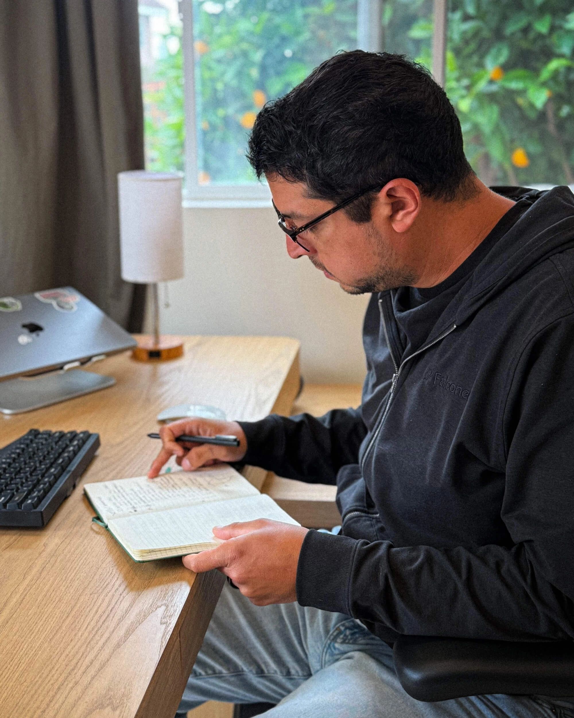 Falconer co-founder Dave Nunez at his desk