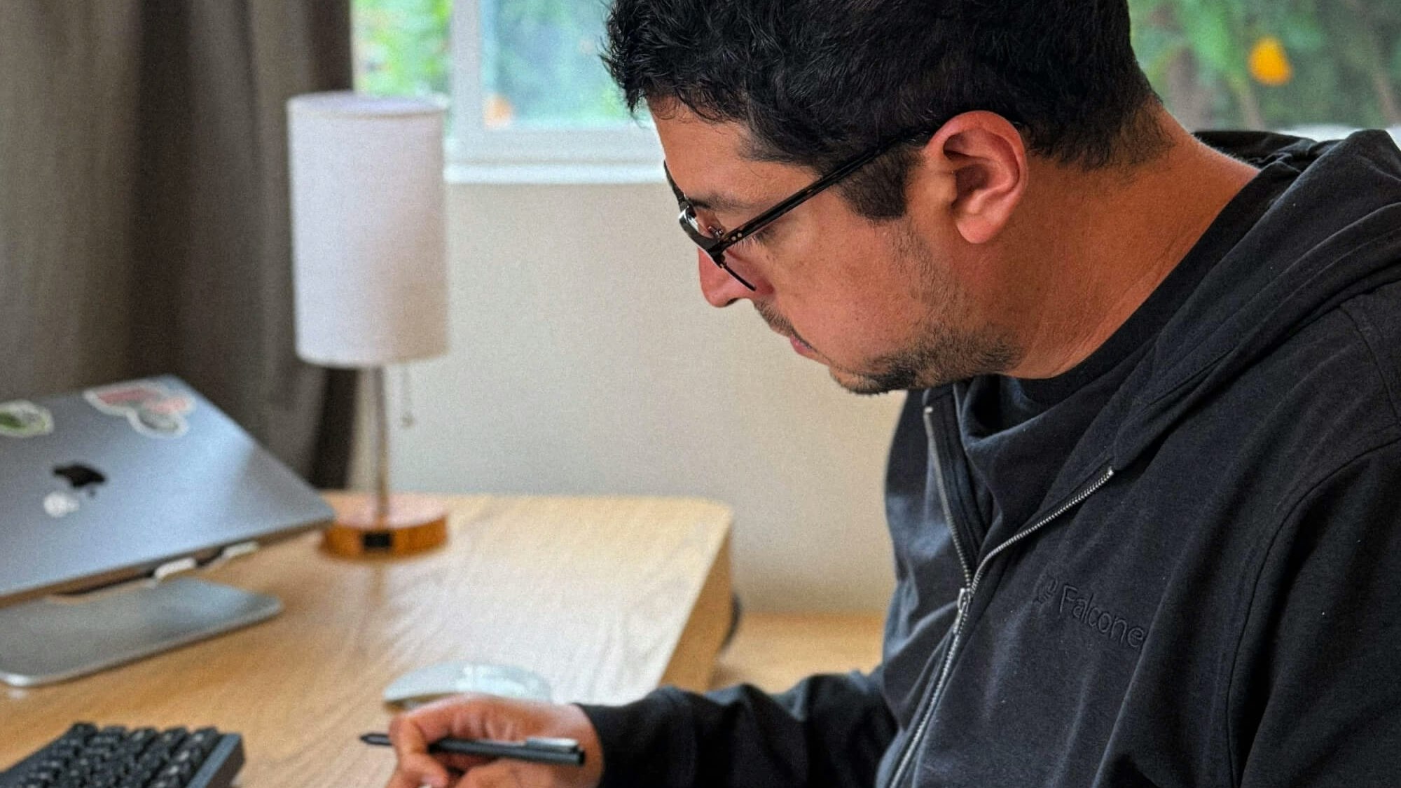 Falconer co-founder Dave Nunez at his desk