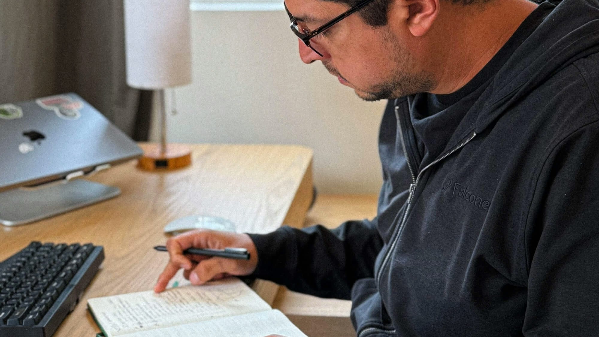 Falconer co-founder Dave Nunez at his desk