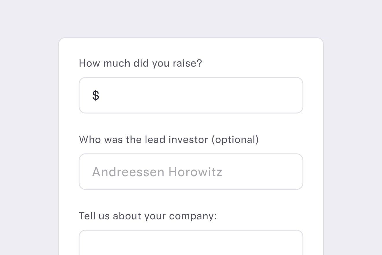 Form step asking how much you raised, with fields for amount, optional lead investor, and a company description text box.