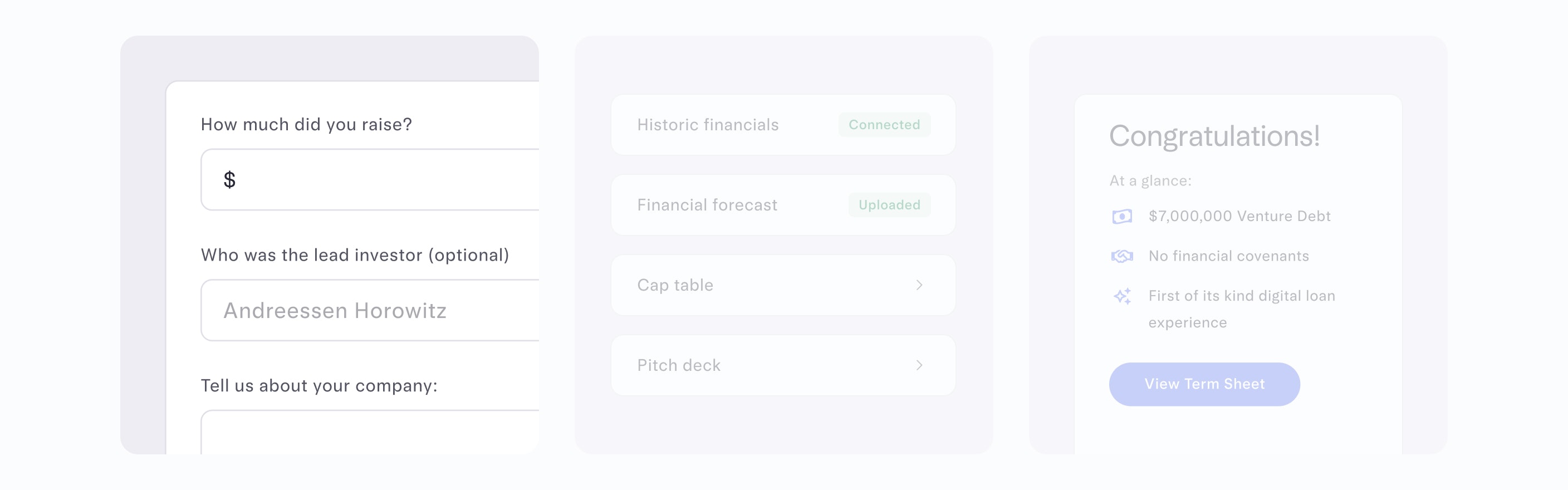 Three-step venture debt eligibility flow shown in low-contrast/inactive state: raise details form, document checklist with cap table and pitch deck, and a congratulations summary with a View Term Sheet button.