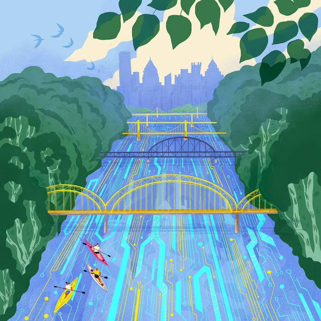 Illustration of the Pittsburgh skyline where the river is filled with circuitry.