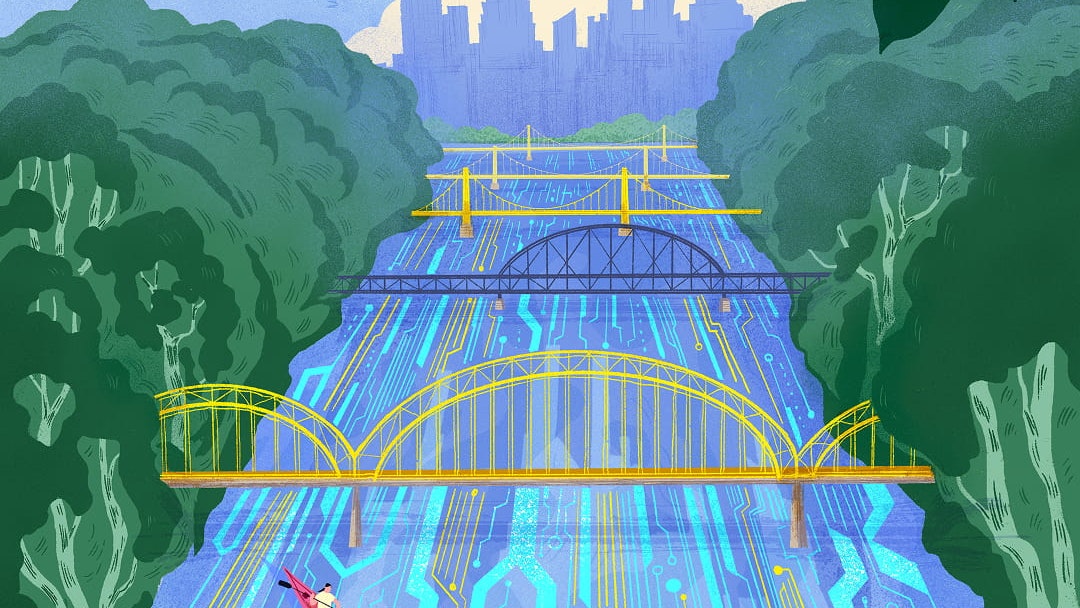 Illustration of the Pittsburgh skyline where the river is filled with circuitry.