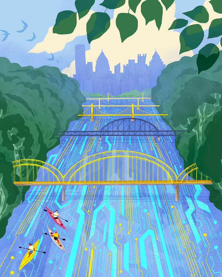 Illustration of the Pittsburgh skyline where the river is filled with circuitry.