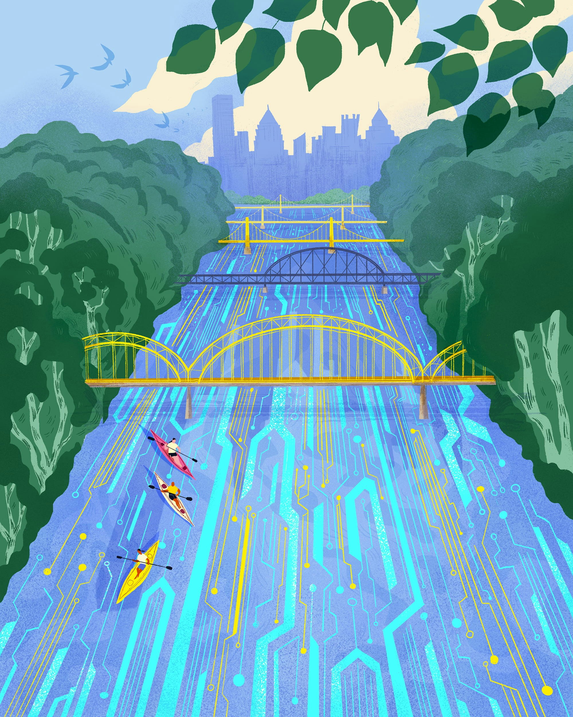 Illustration of the Pittsburgh skyline where the river is filled with circuitry.