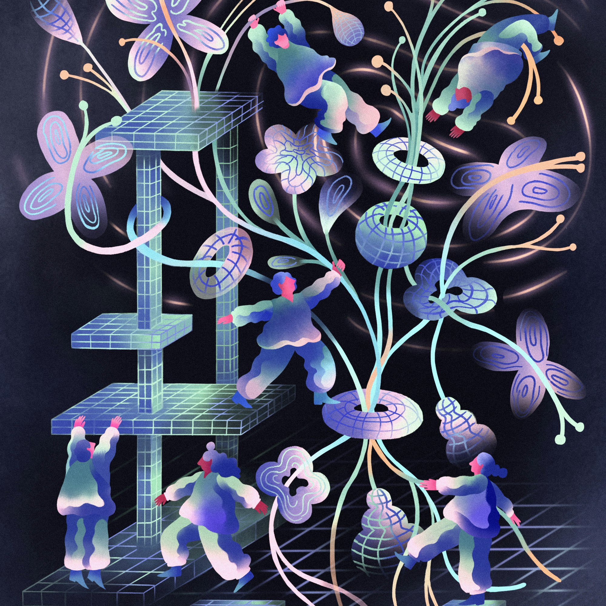 Illustration of whimsical figures climbing a rigid structure on one side and a freeform, organic flowing structure with circles on the right.