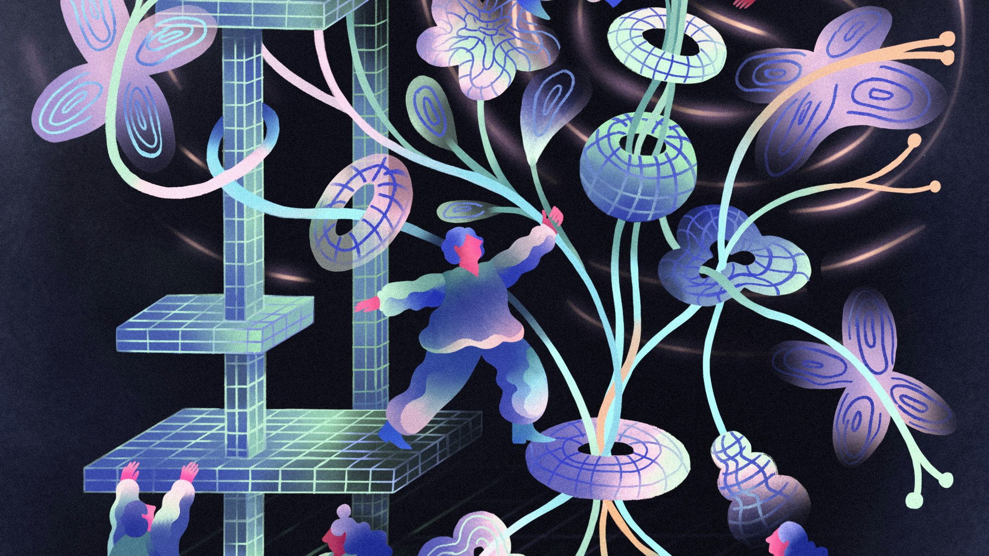 Illustration of whimsical figures climbing a rigid structure on one side and a freeform, organic flowing structure with circles on the right.