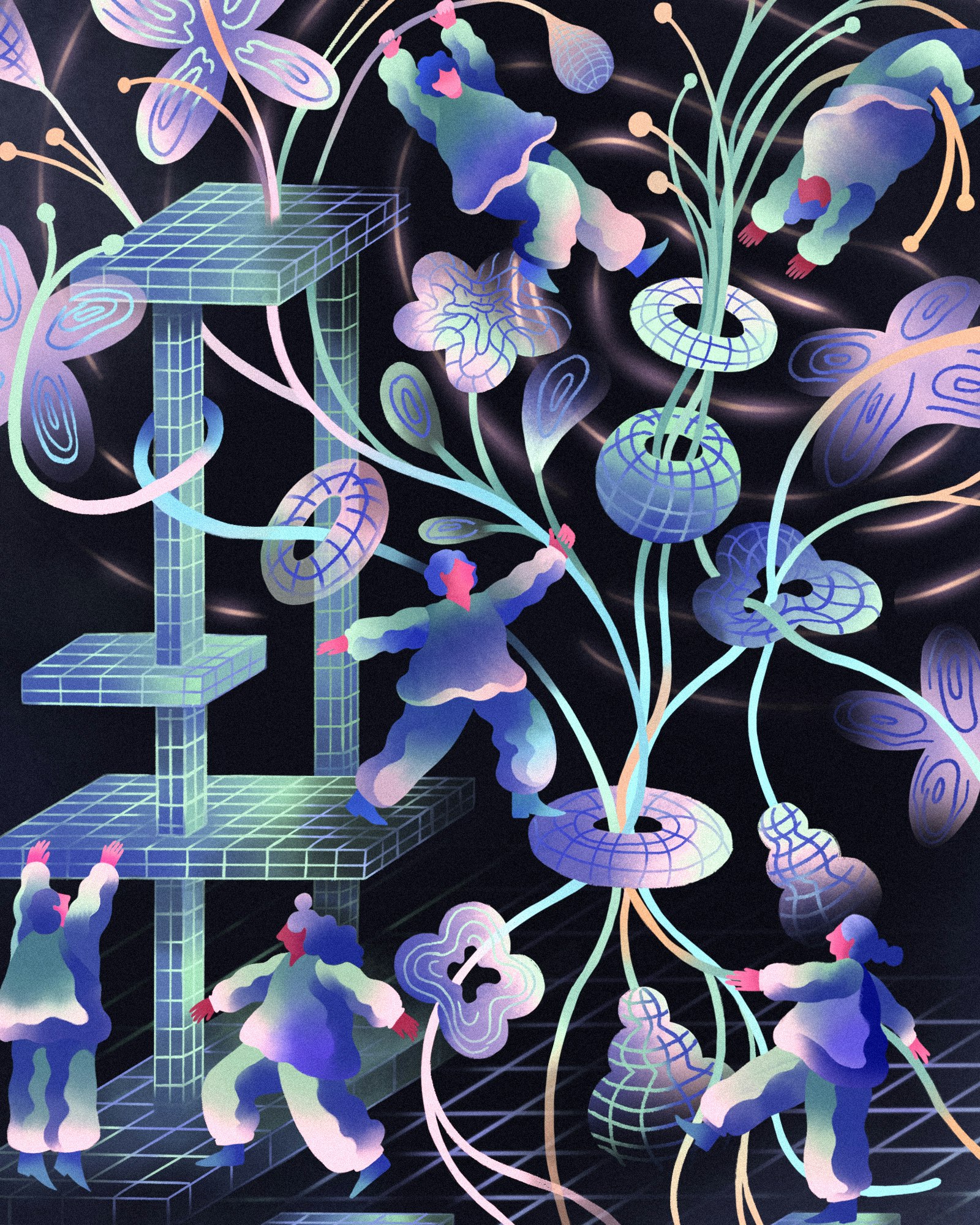 Illustration of whimsical figures climbing a rigid structure on one side and a freeform, organic flowing structure with circles on the right.
