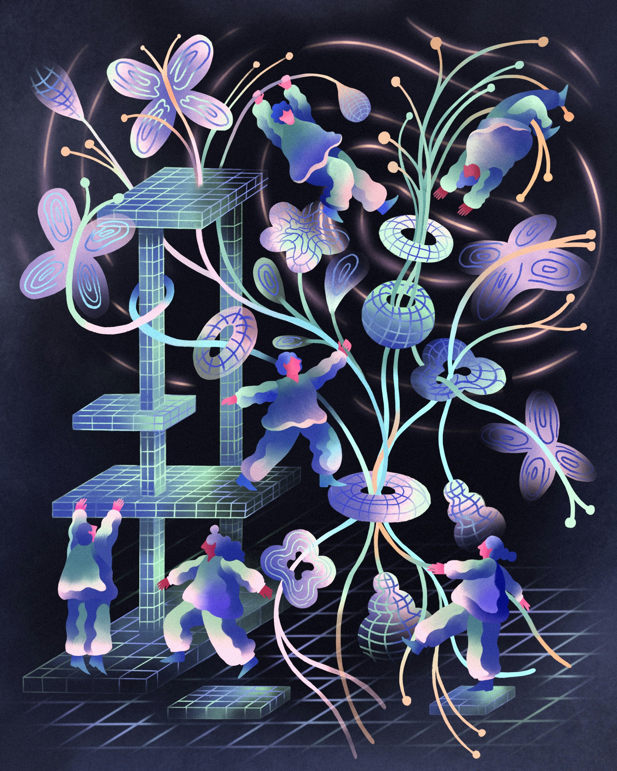 Illustration of whimsical figures climbing a rigid structure on one side and a freeform, organic flowing structure with circles on the right.