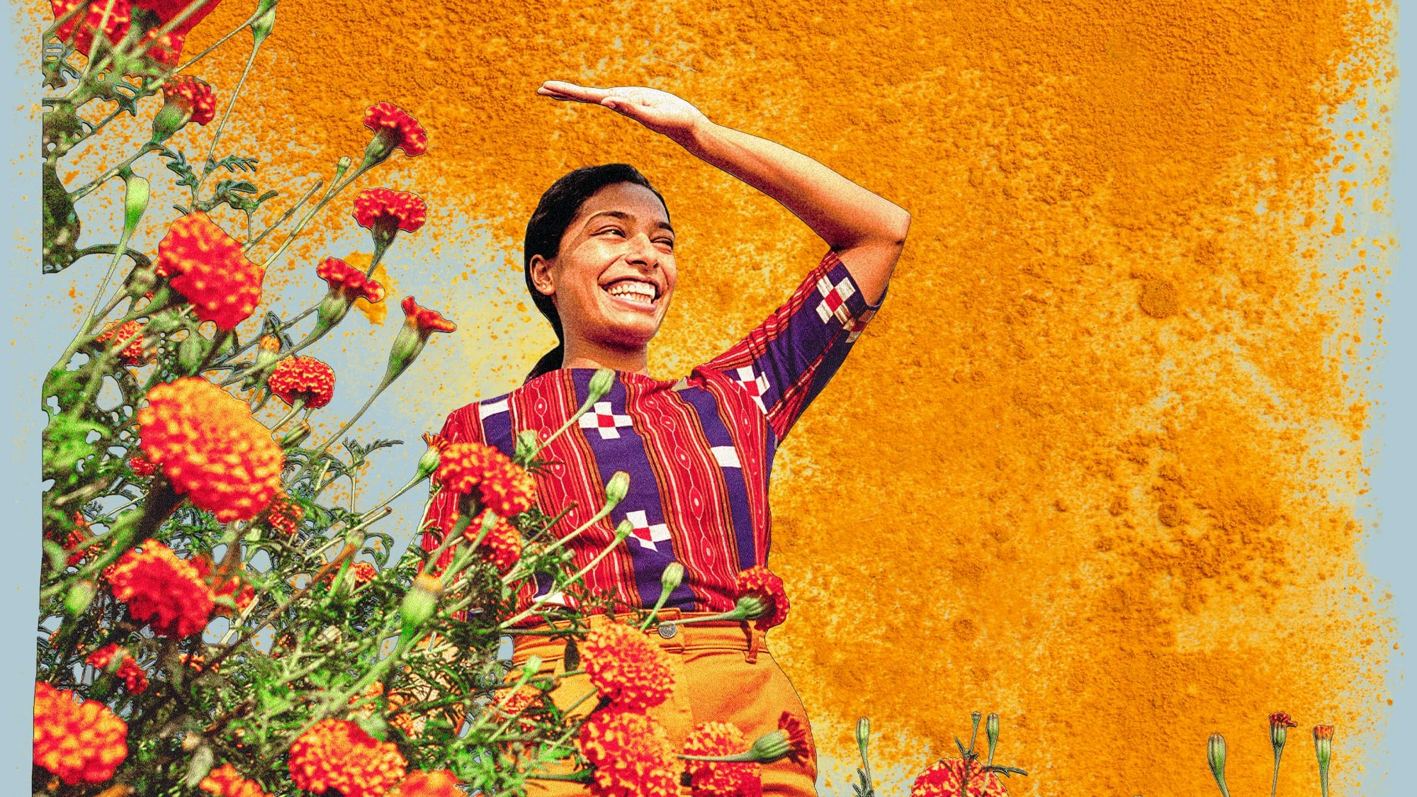 Photo-illustration of a smiling woman in a sunny marigold field, collaged with turmeric.
