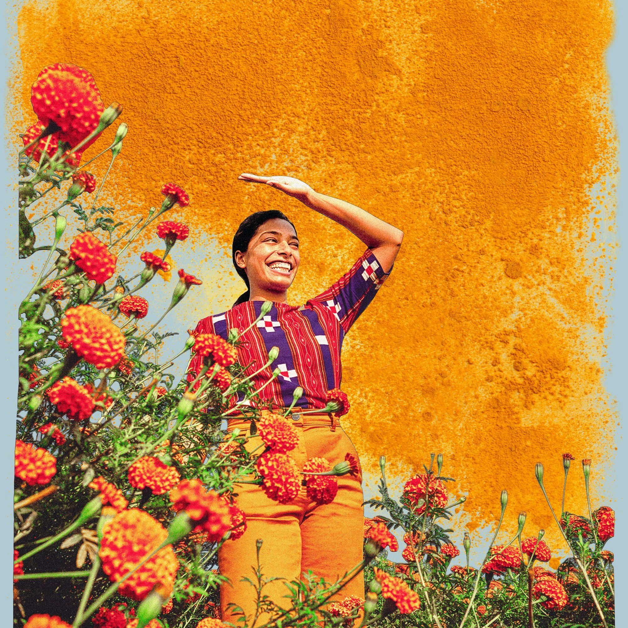 Photo-illustration of a smiling woman in a sunny marigold field, collaged with turmeric.