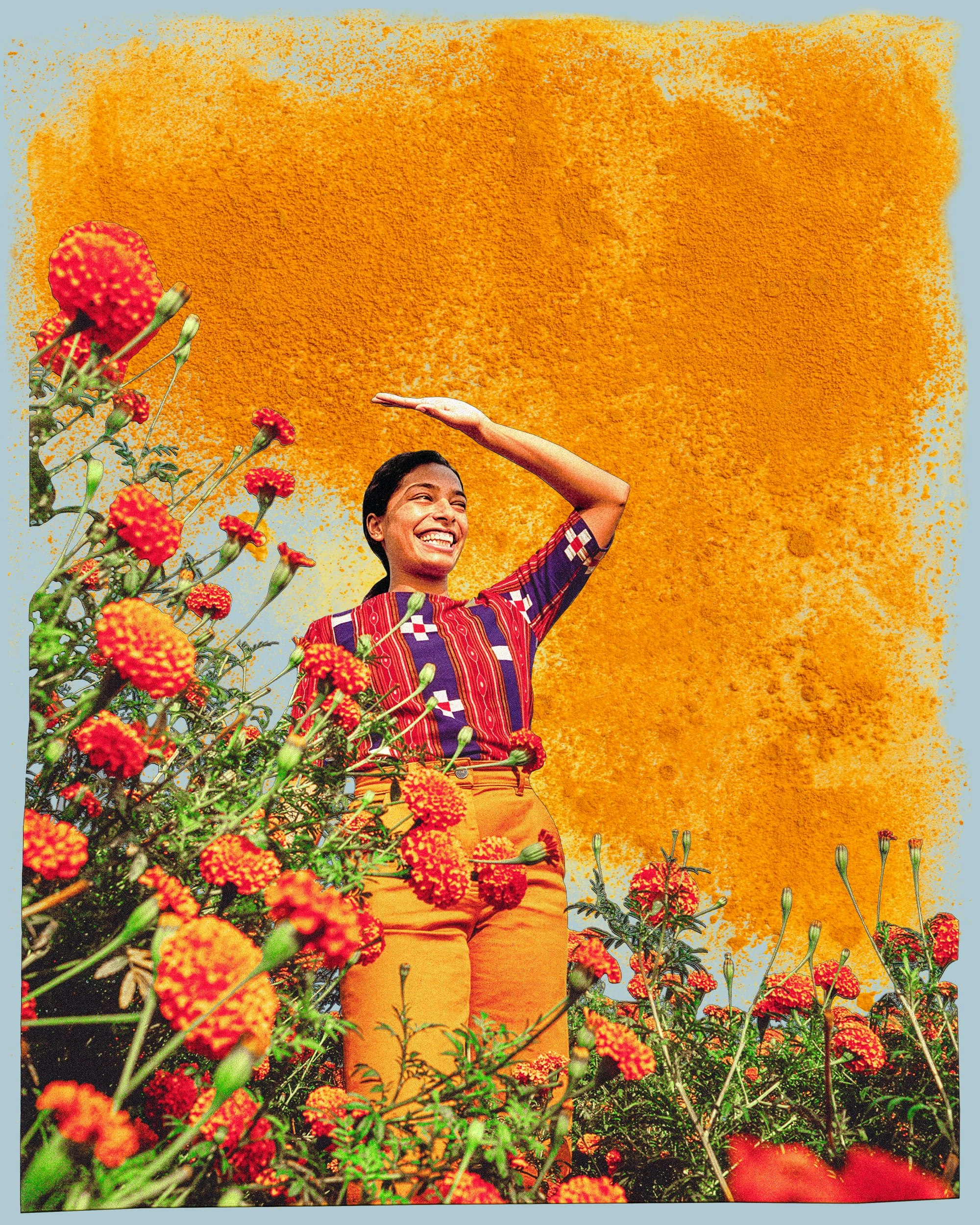 Photo-illustration of a smiling woman in a sunny marigold field, collaged with turmeric.