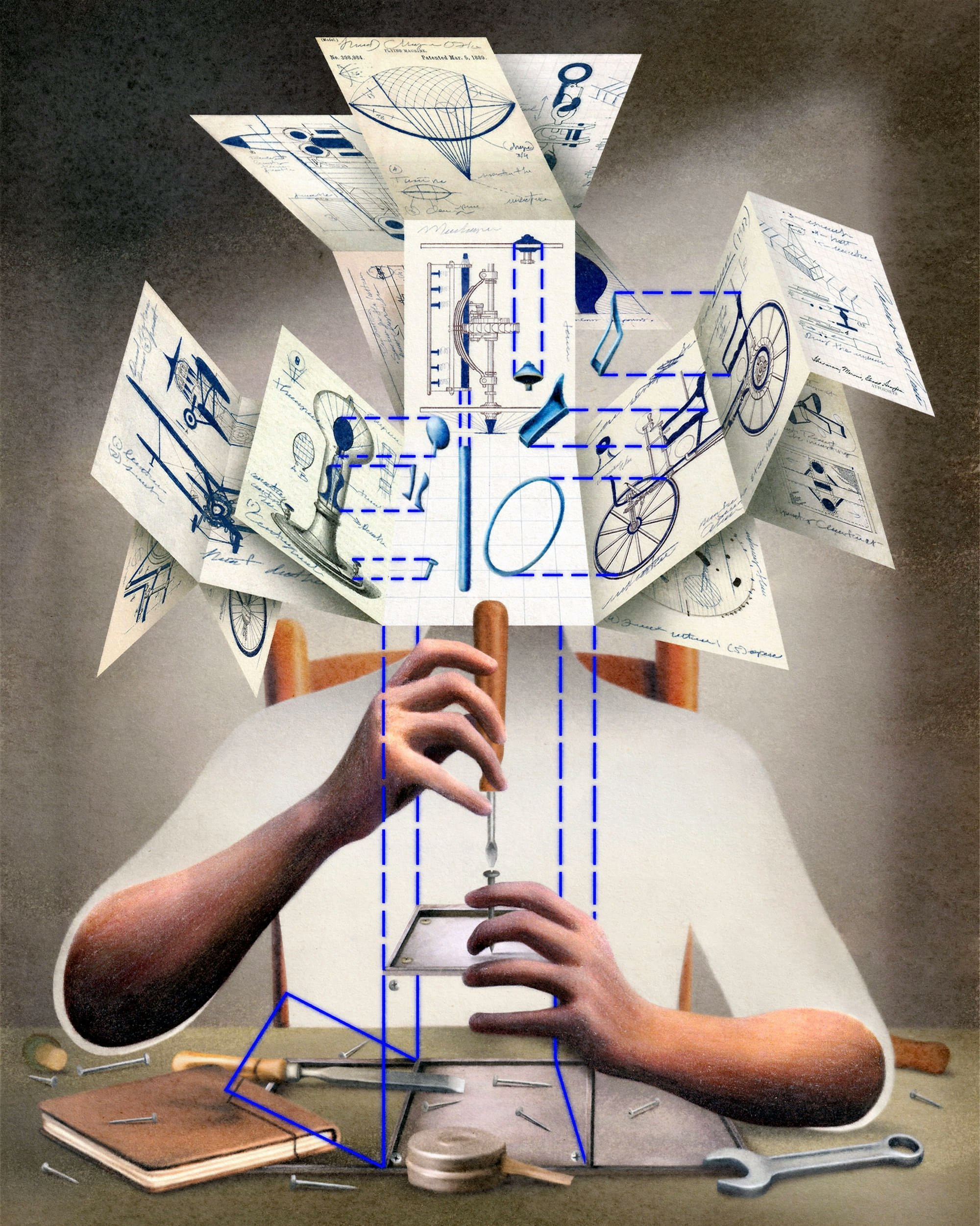 Illustration of figure using screwdriver to to screw into a metal plate on a table; their head is blocked by papers and fold-out blueprints showing airplanes, bicycles, and other forms.