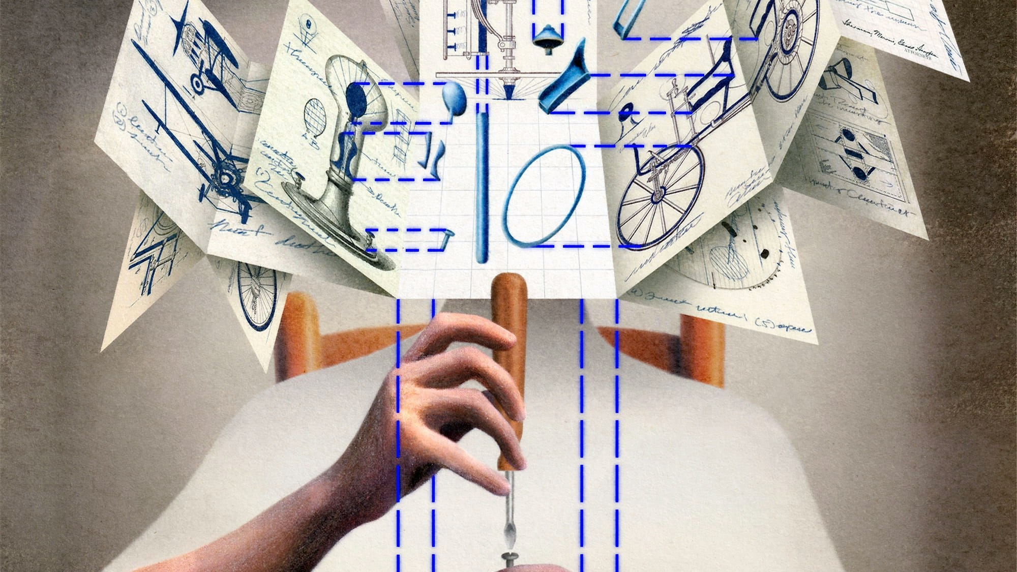 Illustration of figure using screwdriver to to screw into a metal plate on a table; their head is blocked by papers and fold-out blueprints showing airplanes, bicycles, and other forms.