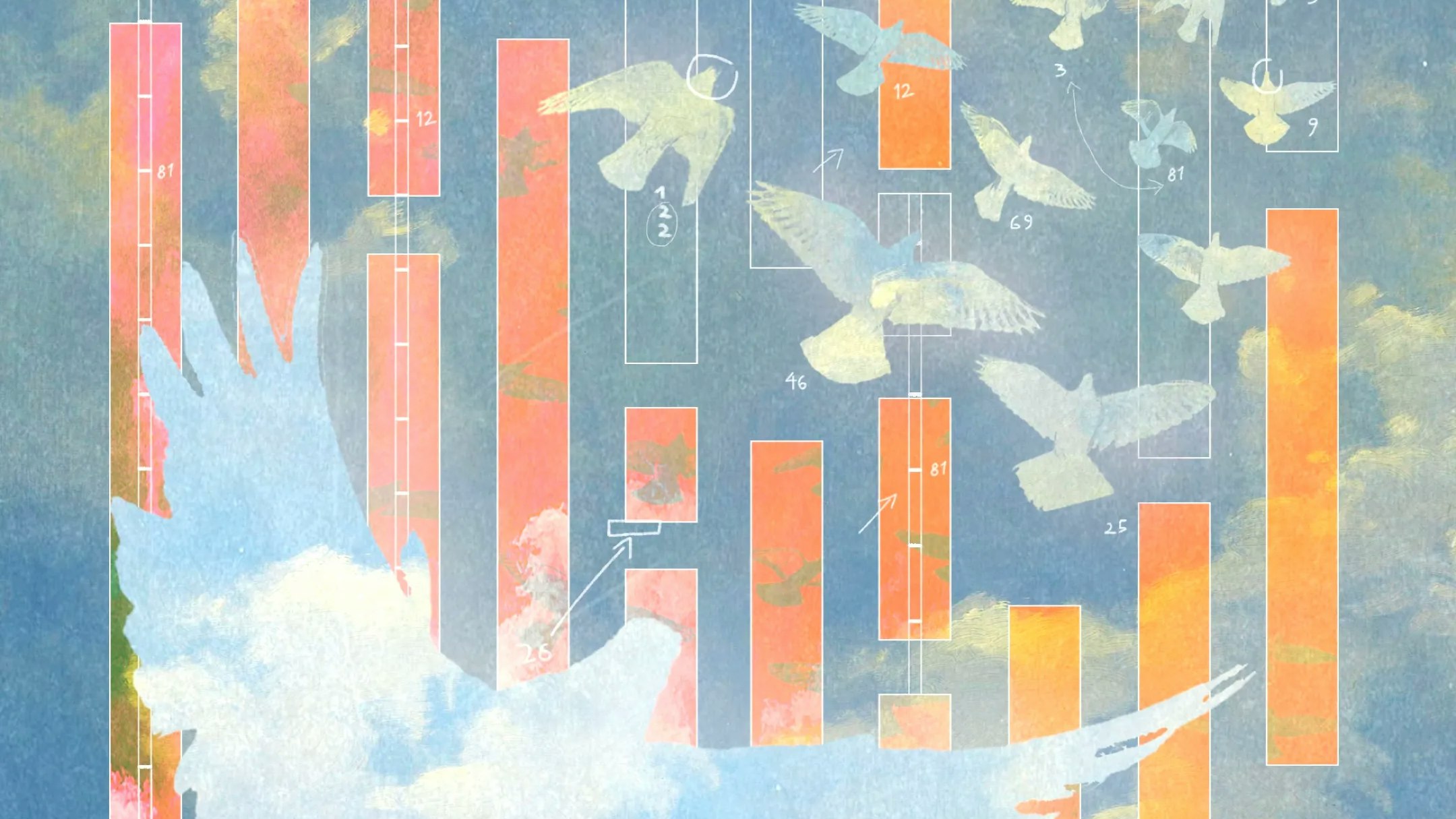 Illustration of birds flying over a light blue background and stylized pink-orange bar chart | Mercury's New Economics of Starting Up 2026