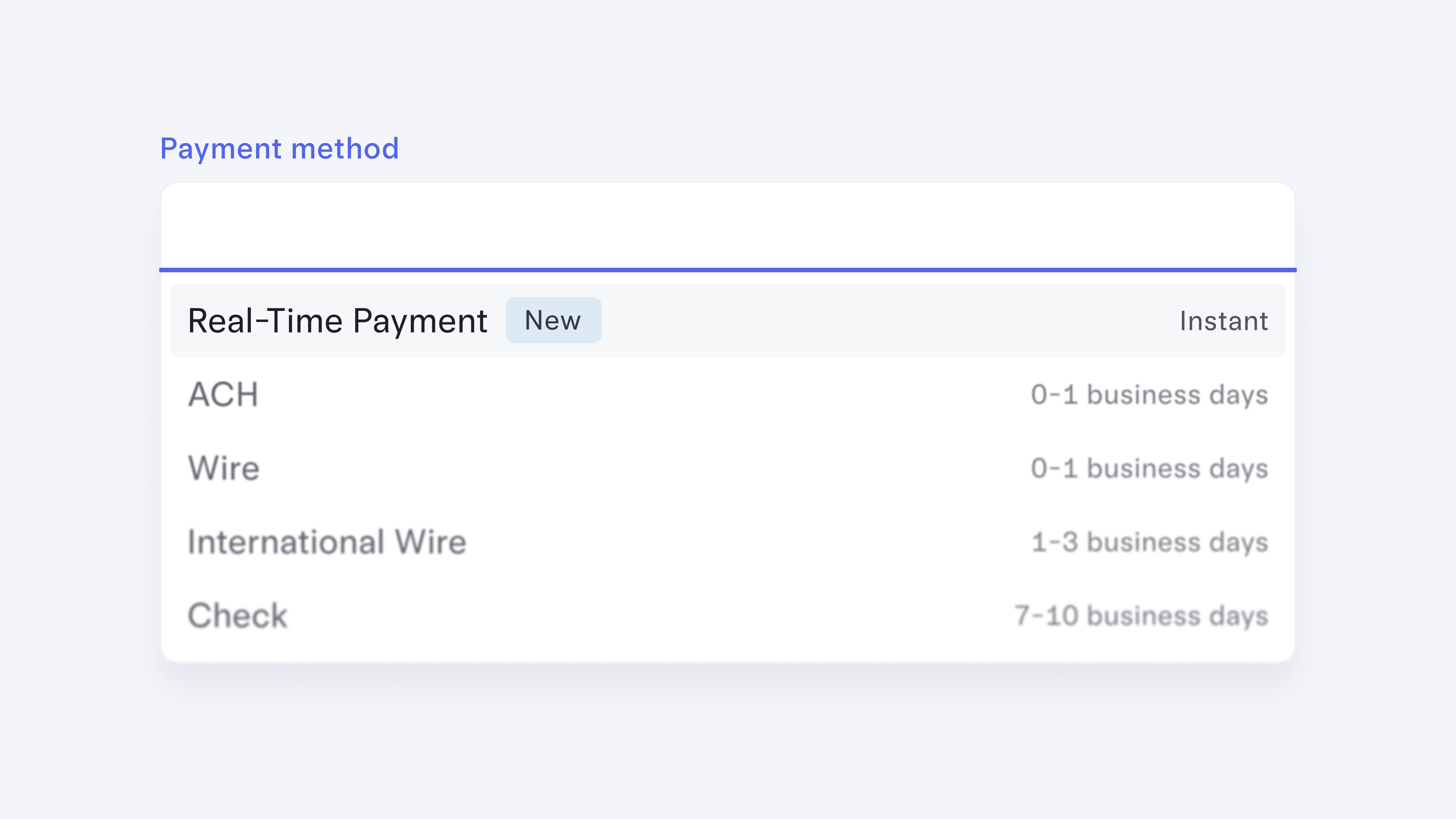 The image shows the payment method toggle in the Send Money flow with real-time payments at the top.