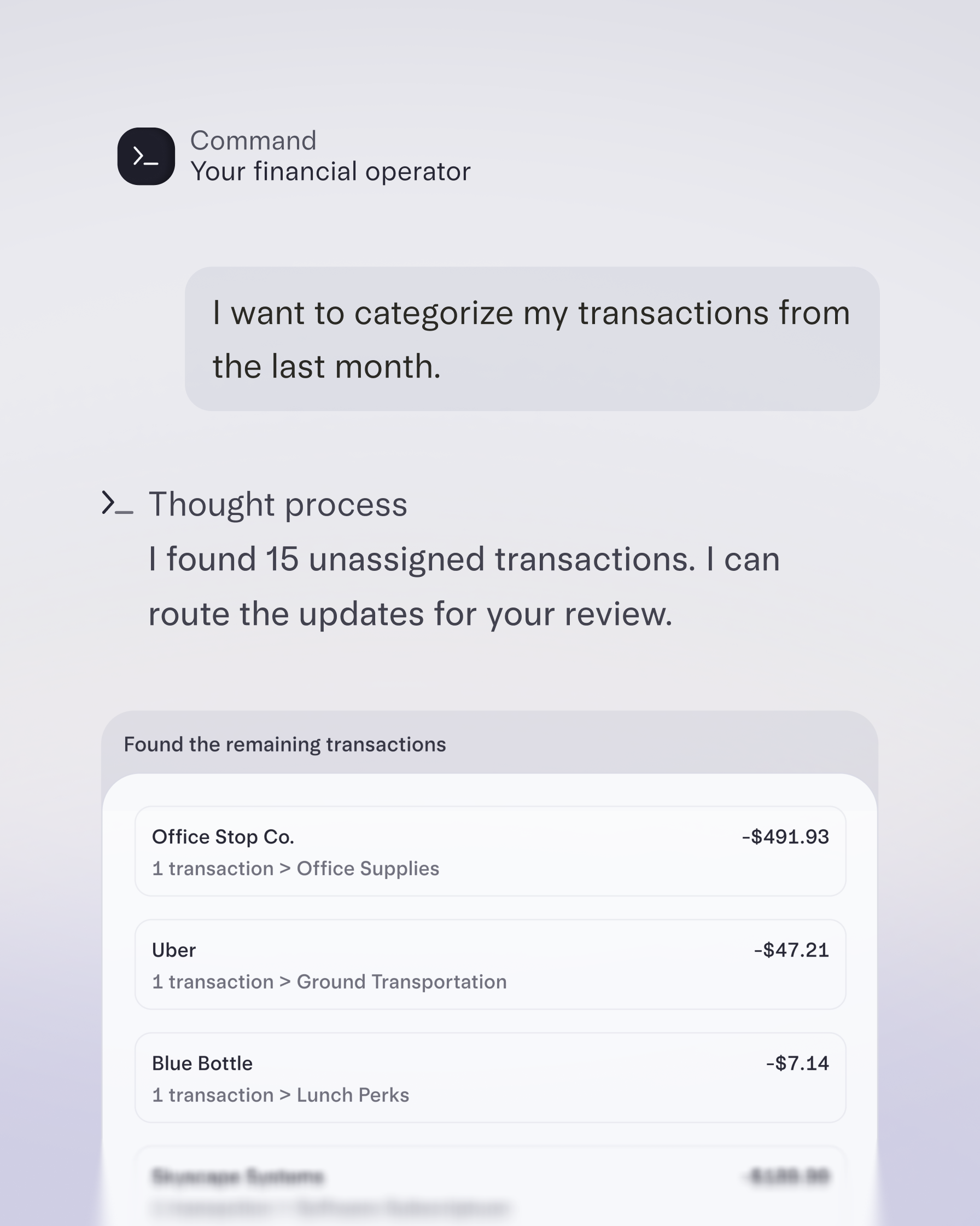 mercury command chat interface depicting transactions being auto-categorized