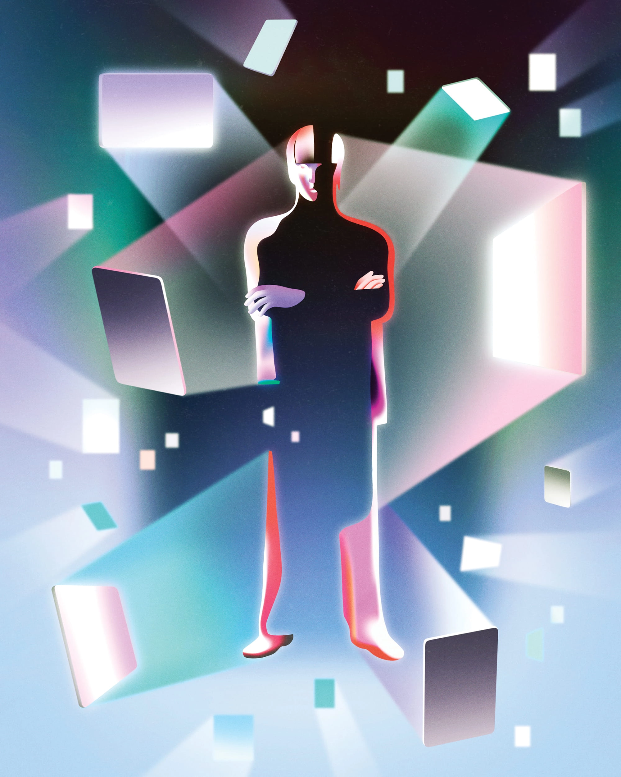 Illustration of a shadowy figure crossing its arms, with its outline shaped by the lights of various screens surrounding it.
