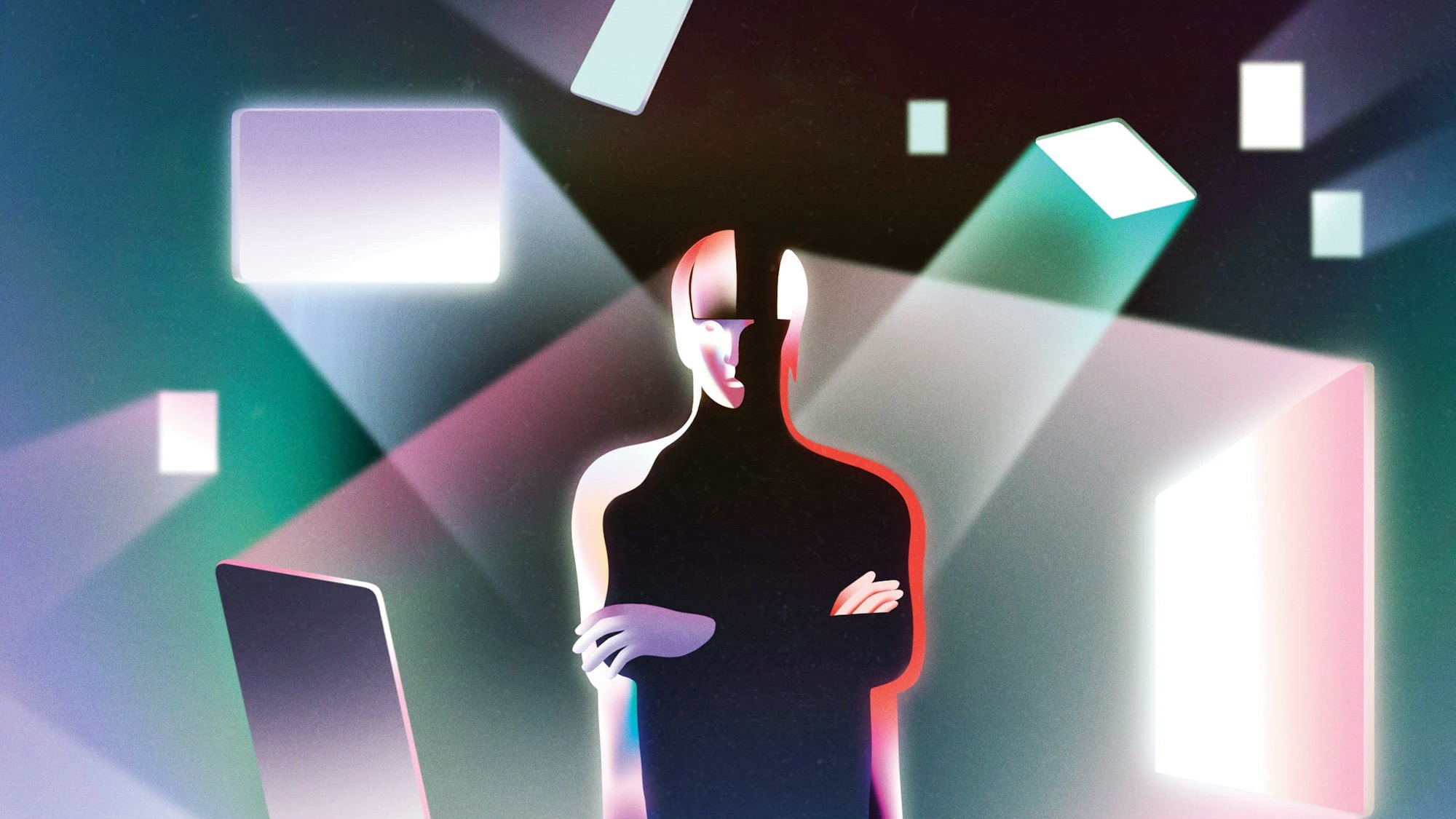 Illustration of a shadowy figure crossing its arms, with its outline shaped by the lights of various screens surrounding it.