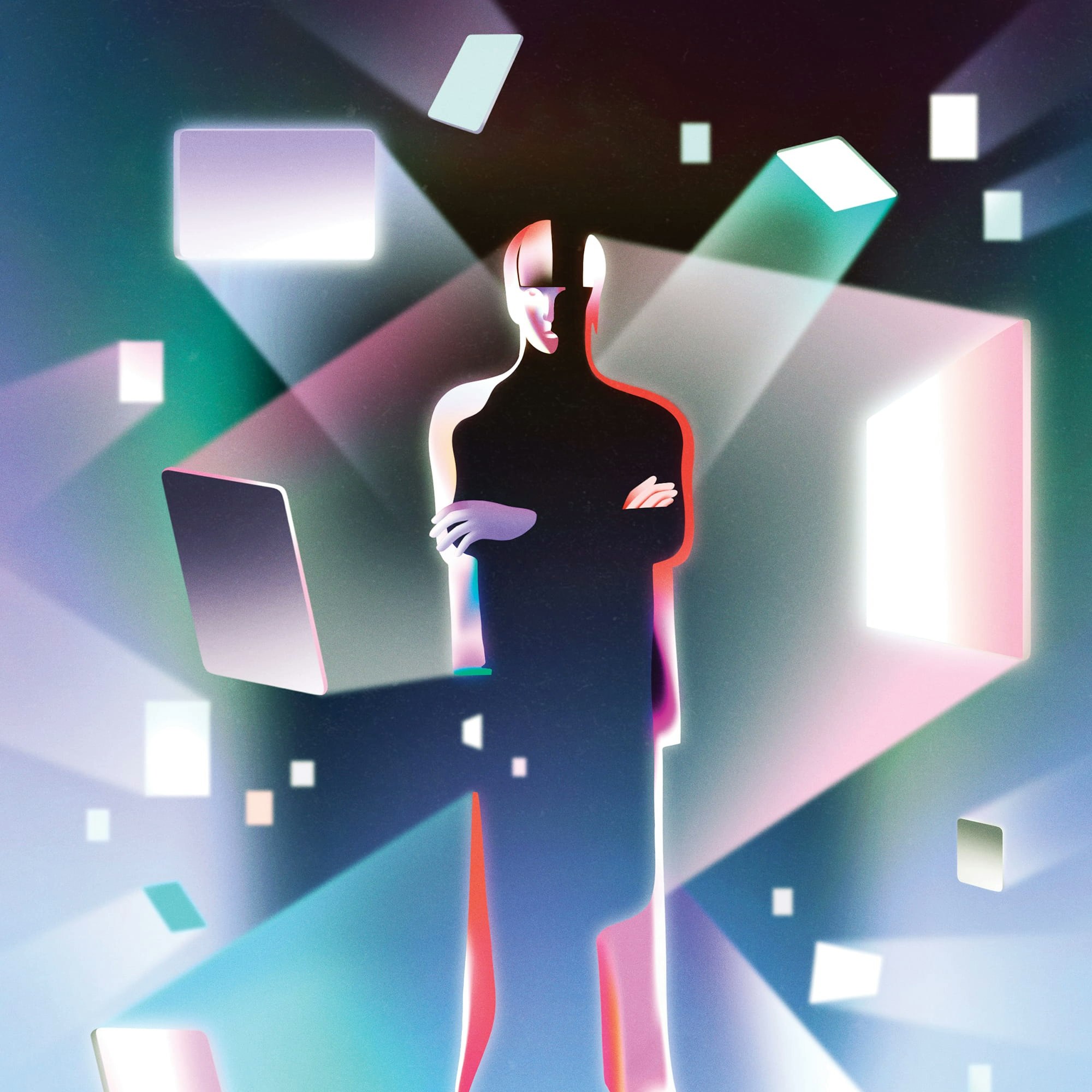 Illustration of a shadowy figure crossing its arms, with its outline shaped by the lights of various screens surrounding it.