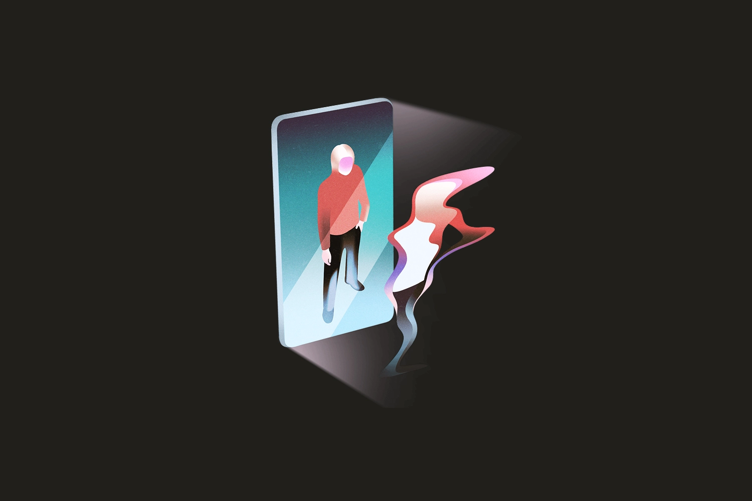 Illustration of a smartphone screen depicting a bearded person wearing red and black; a fuzzy reflection of the figure stands before it.