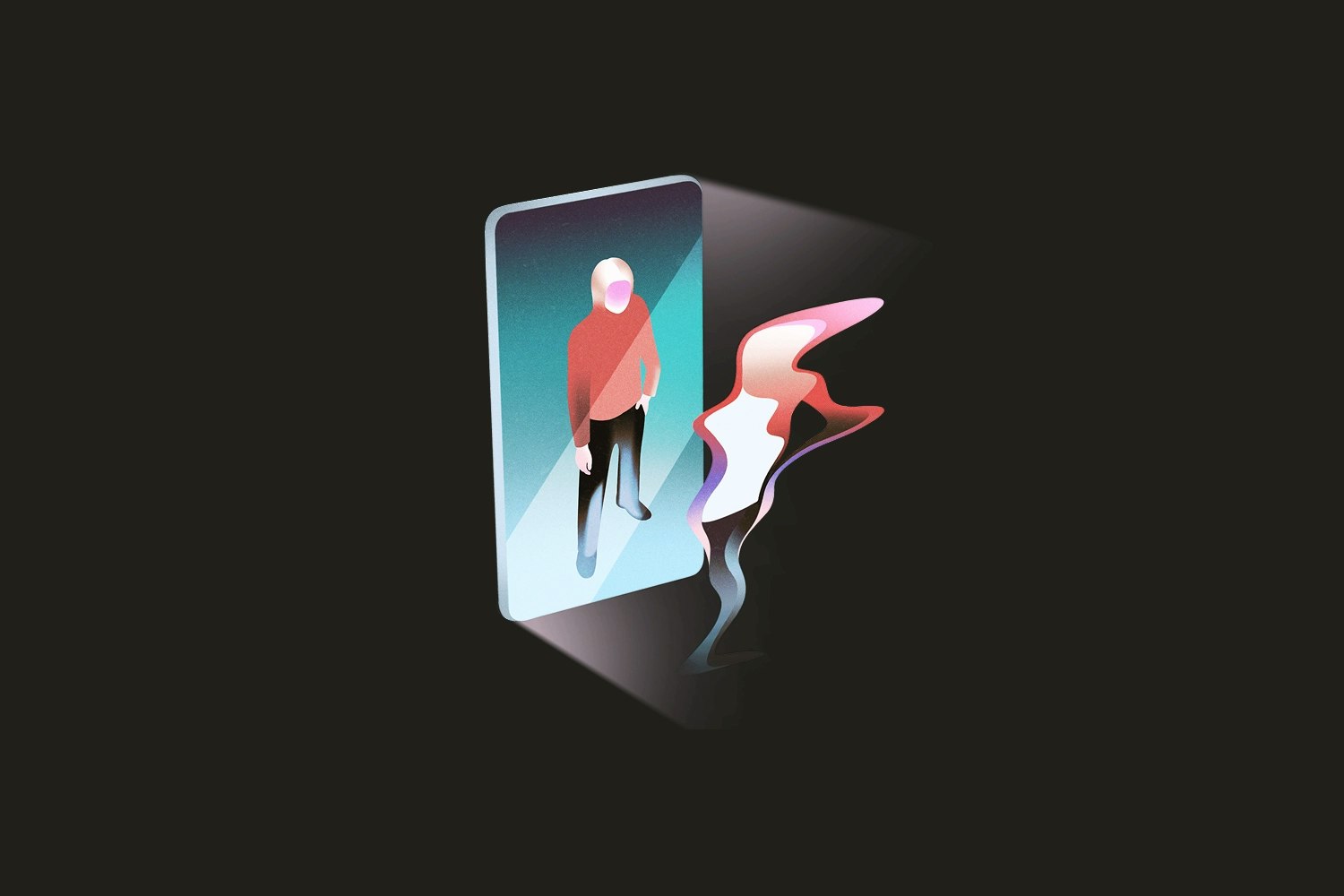 Illustration of a smartphone screen depicting a bearded person wearing red and black; a fuzzy reflection of the figure stands before it.