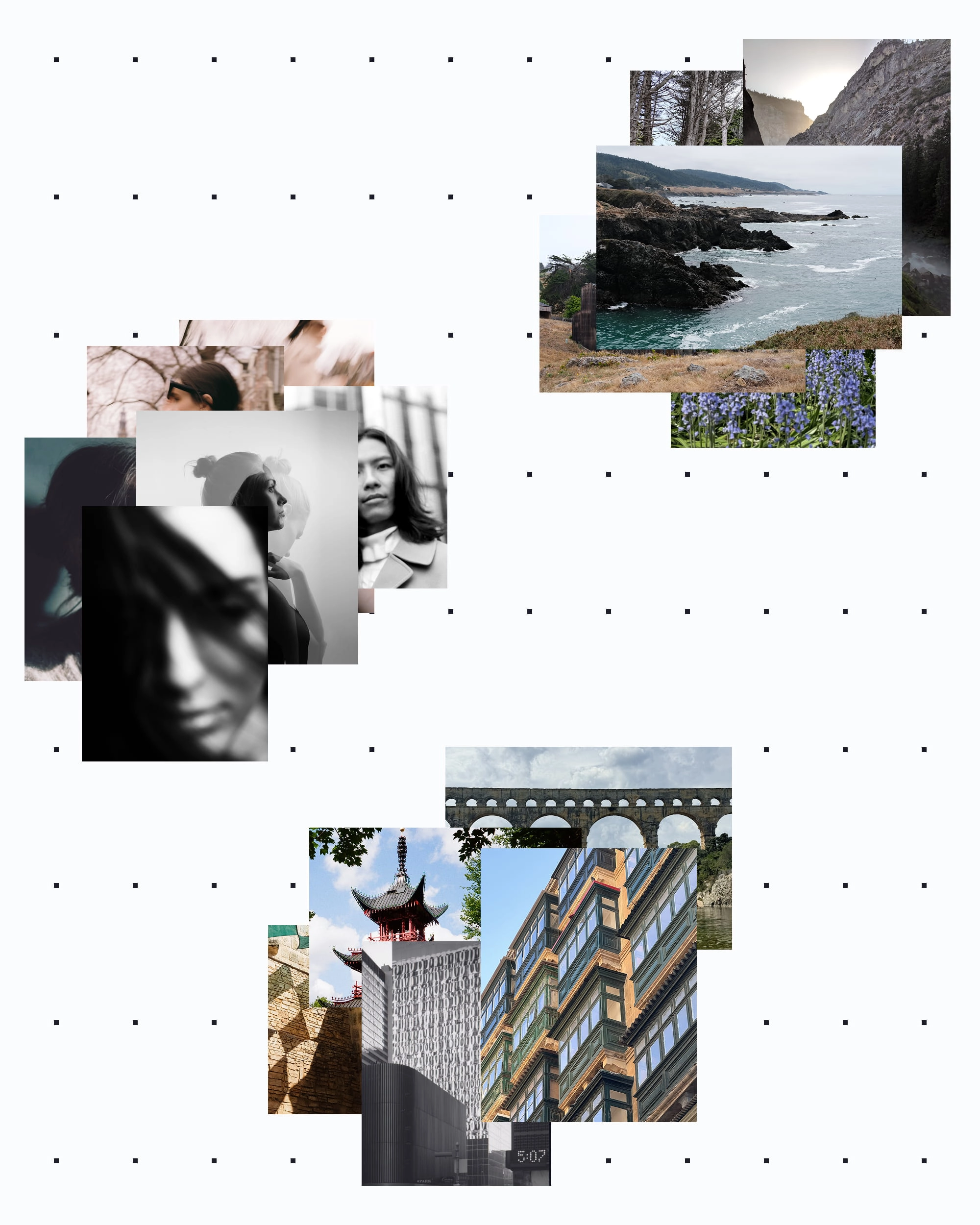 Photo-collage showing various images of faces and places placed atop each other, in three separate piles. The piles sit on top of a dotted background grid.