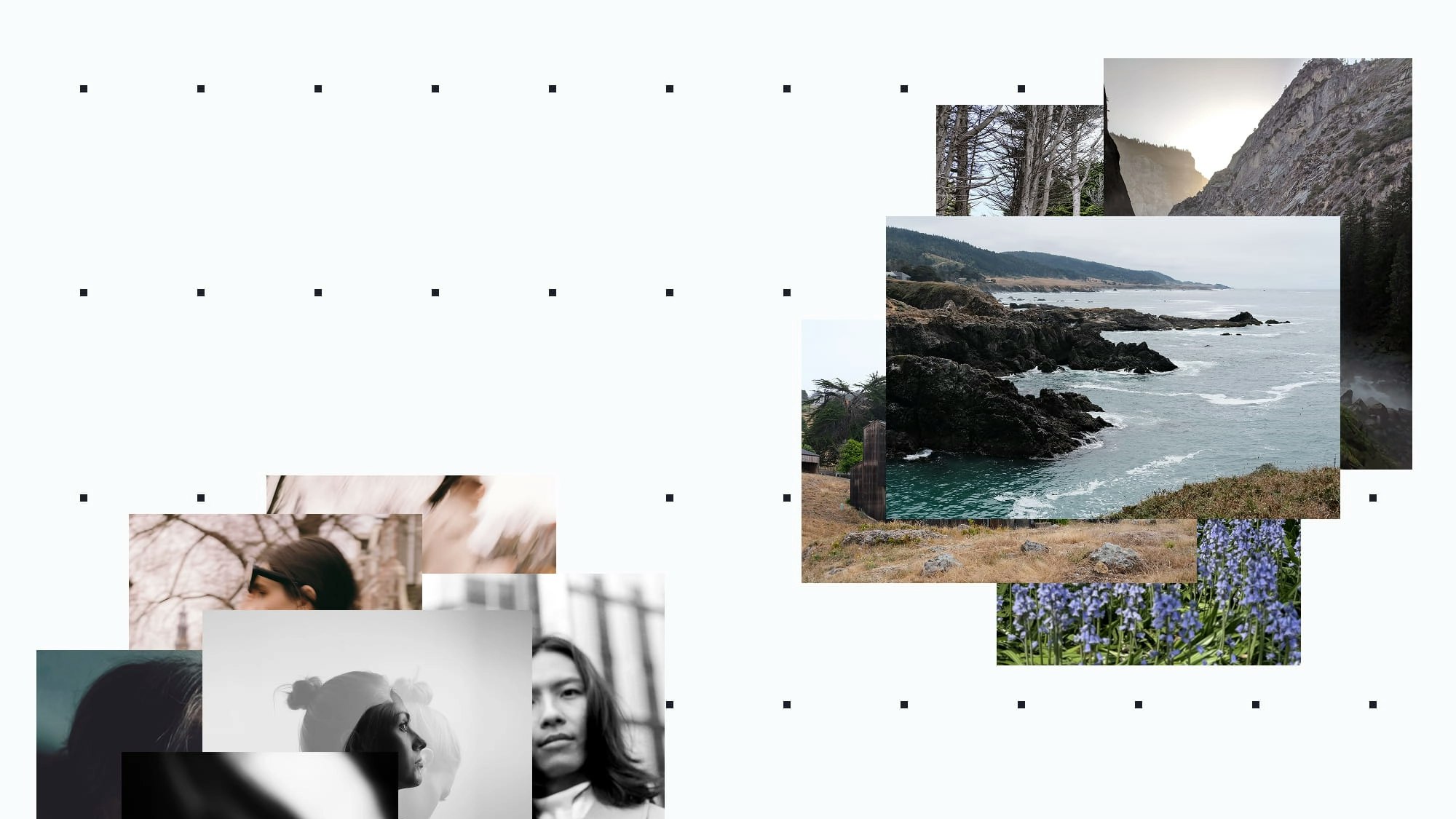 Photo-collage showing various images of faces and places placed atop each other, in three separate piles. The piles sit on top of a dotted background grid.