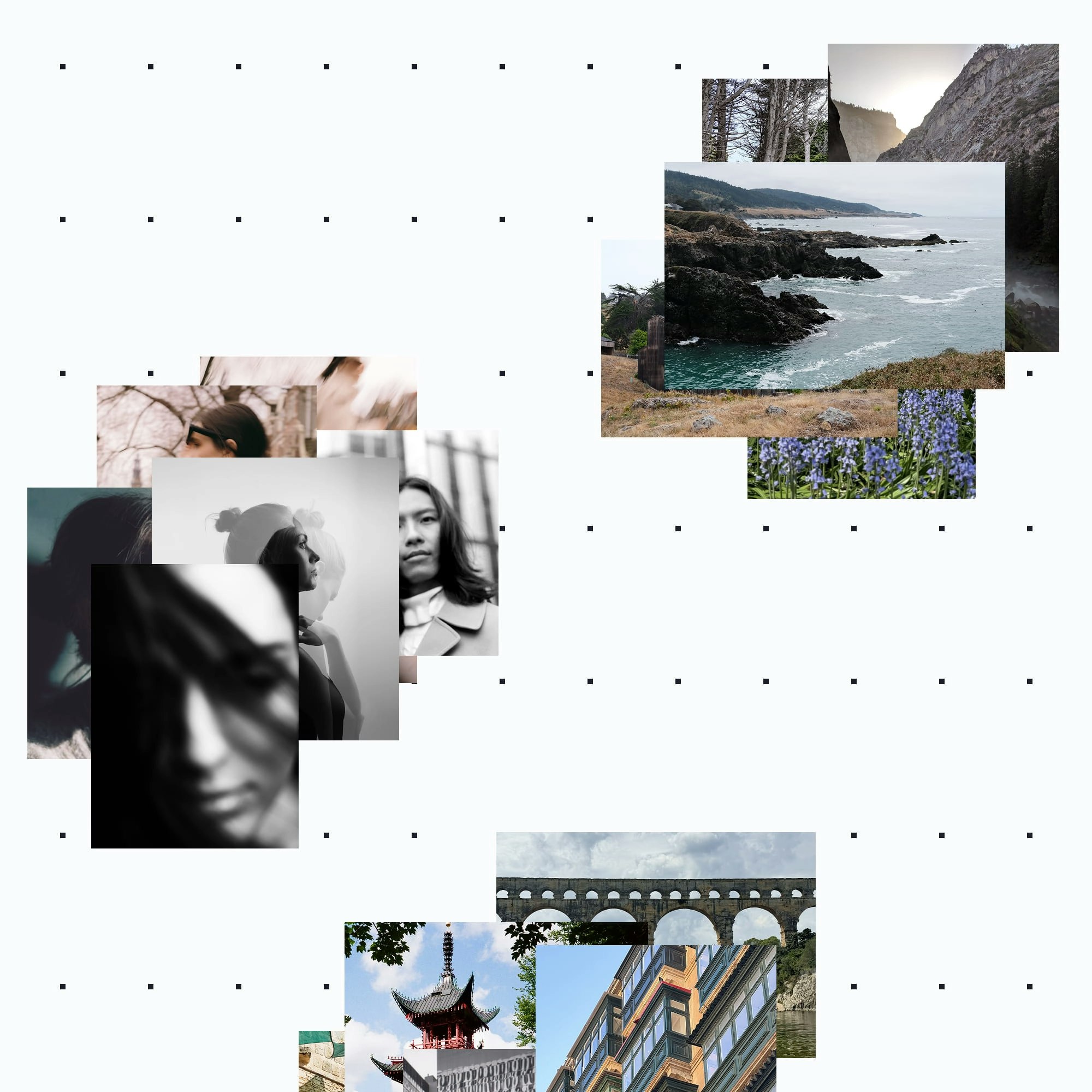 Photo-collage showing various images of faces and places placed atop each other, in three separate piles. The piles sit on top of a dotted background grid.