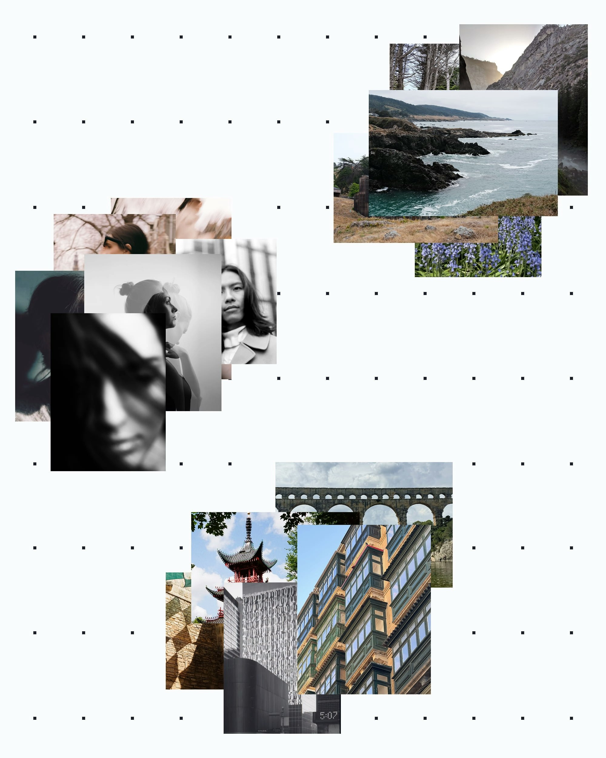 Photo-collage showing various images of faces and places placed atop each other, in three separate piles. The piles sit on top of a dotted background grid.