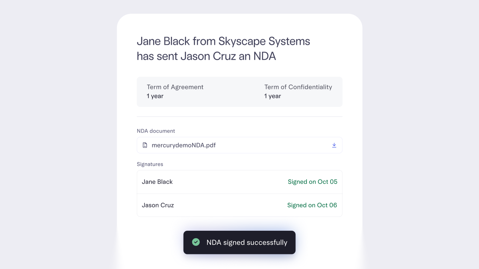 Image showing an NDA that was successfully signed.