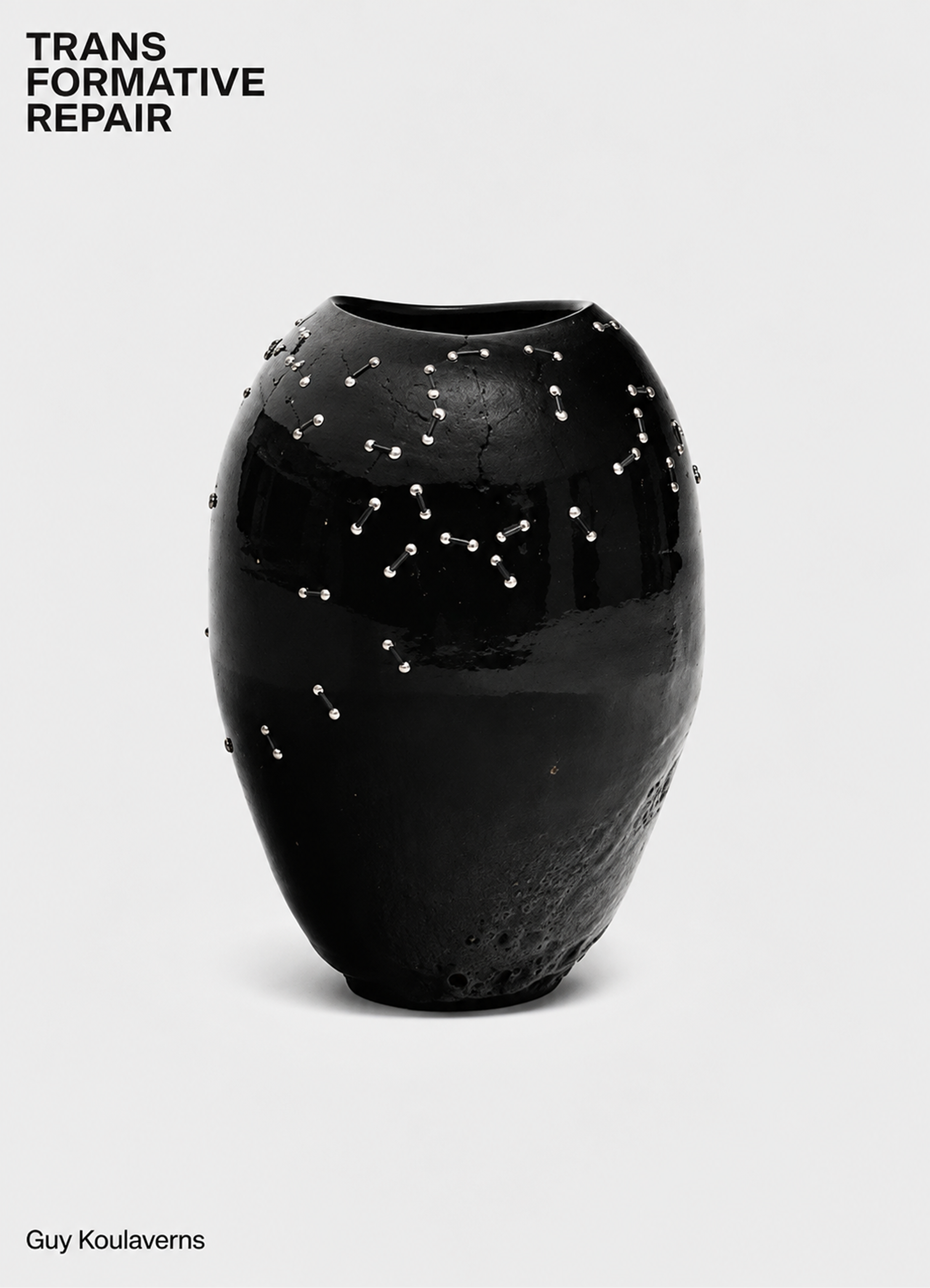 Cover of "Transformative Repair" featuring a black vase with small holes in it that have stitching connecting them.