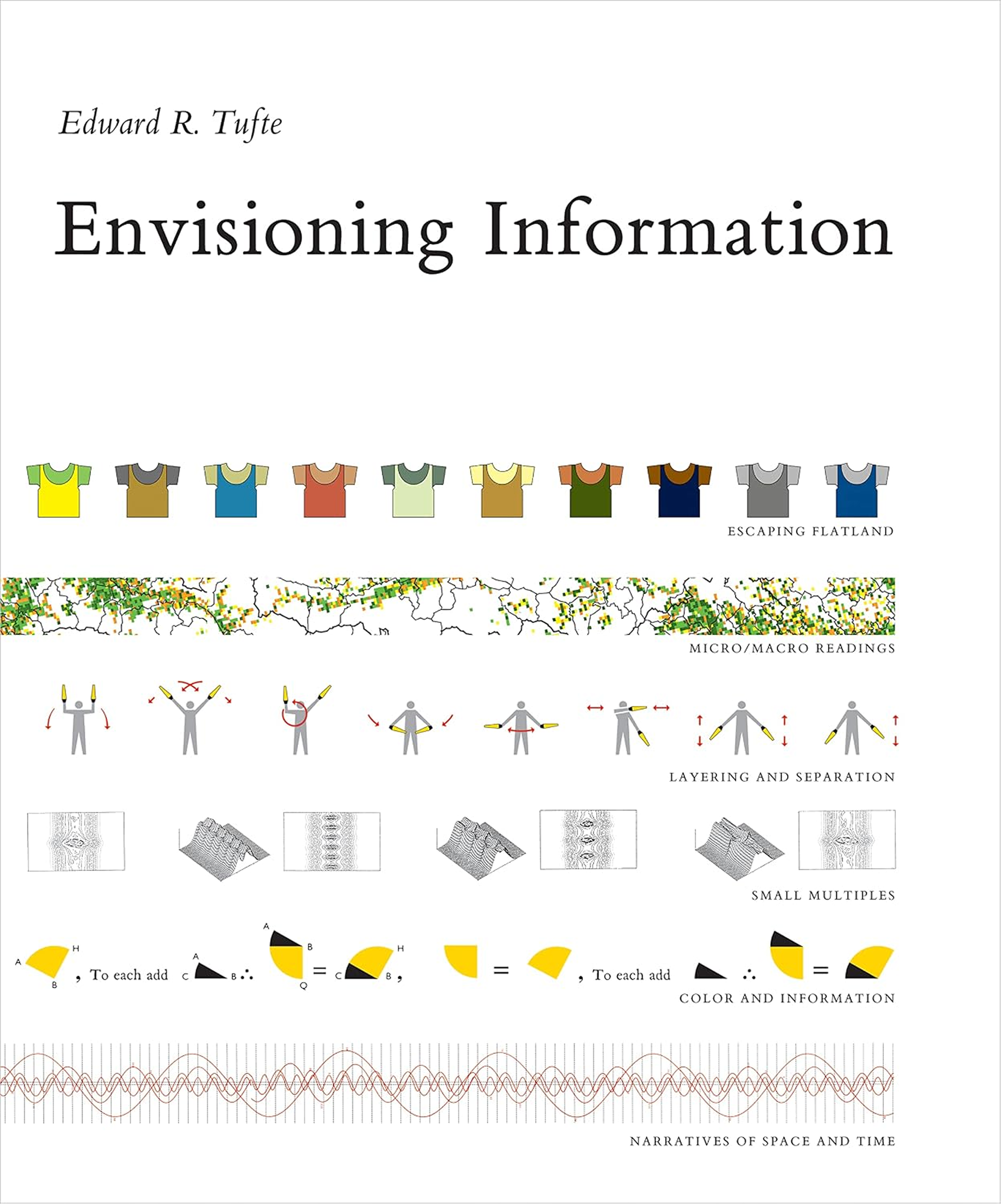 Cover of "Envisioning Information," featuring rows of small icons depicting shirts, maps, semaphore signaling, and graphs.