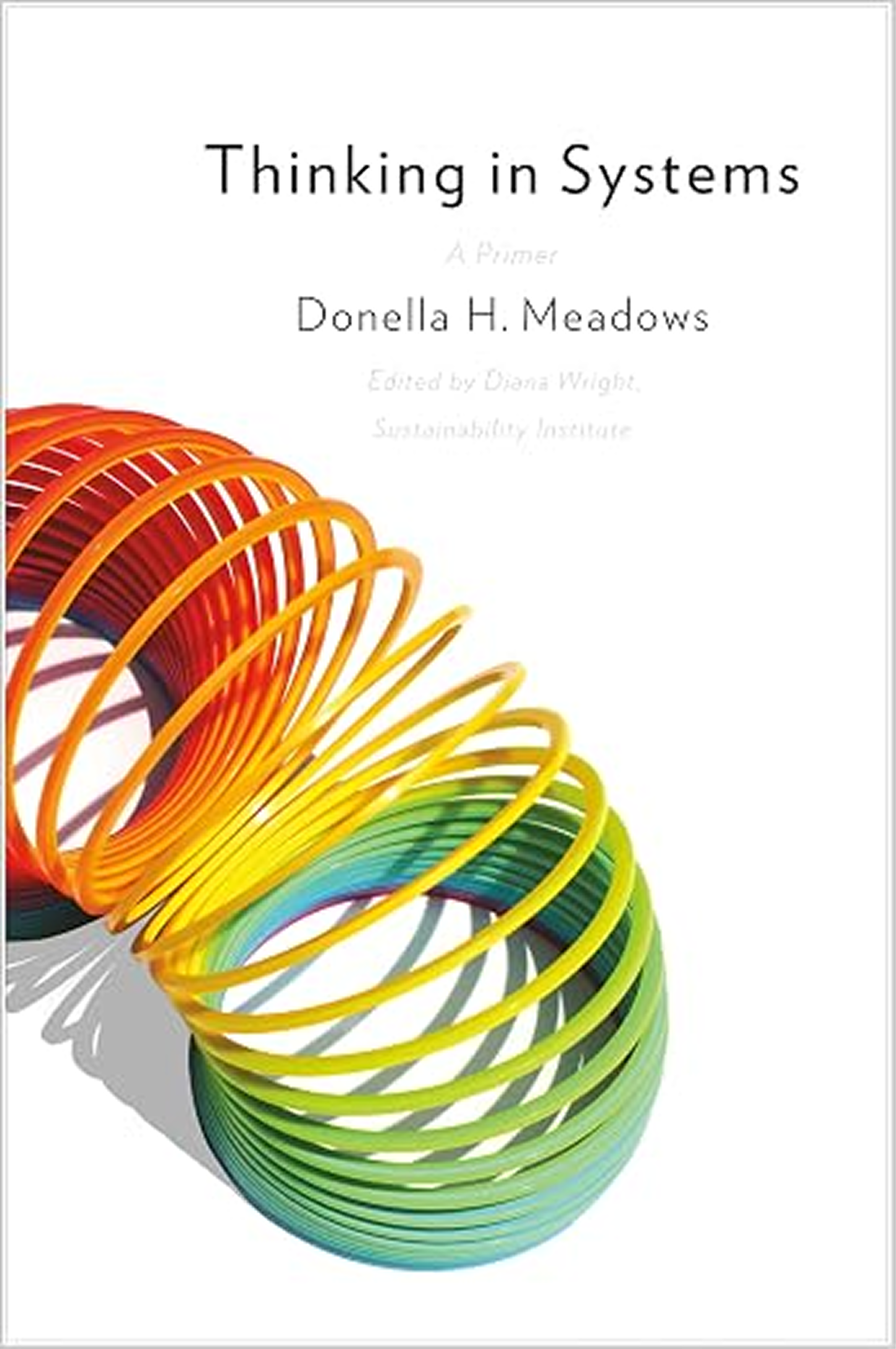 Cover of "Thinking in Systems," featuring a rainbow-colored Slinky.