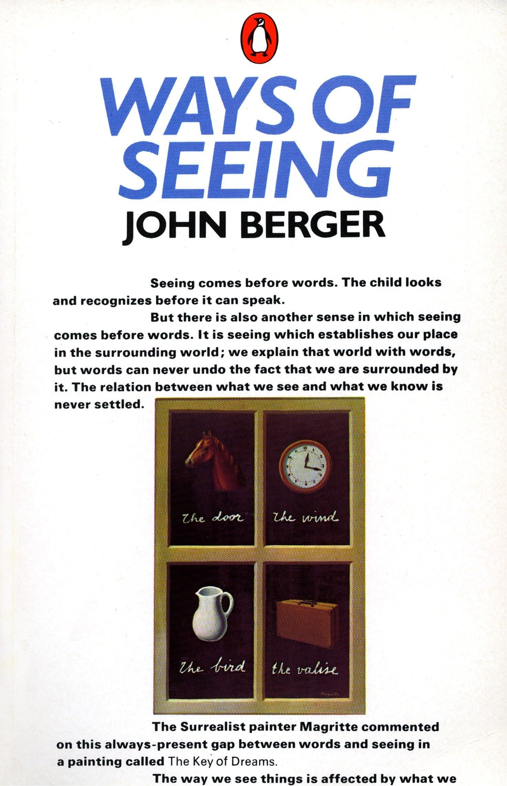 Cover of "Ways of Seeing," featuring a window with four Magritte paintings, depicting a horse head, clock, pitcher, and suitcase.