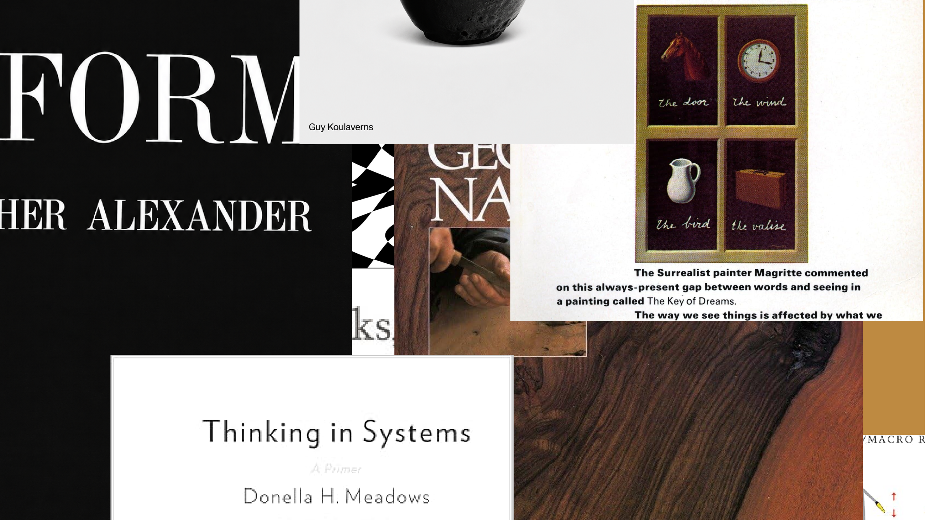 Collage of various book covers, including "Ways of Seeing," "Thinking in Systems," "Notes on the Synthesis of Form," and "Transformative Repair."