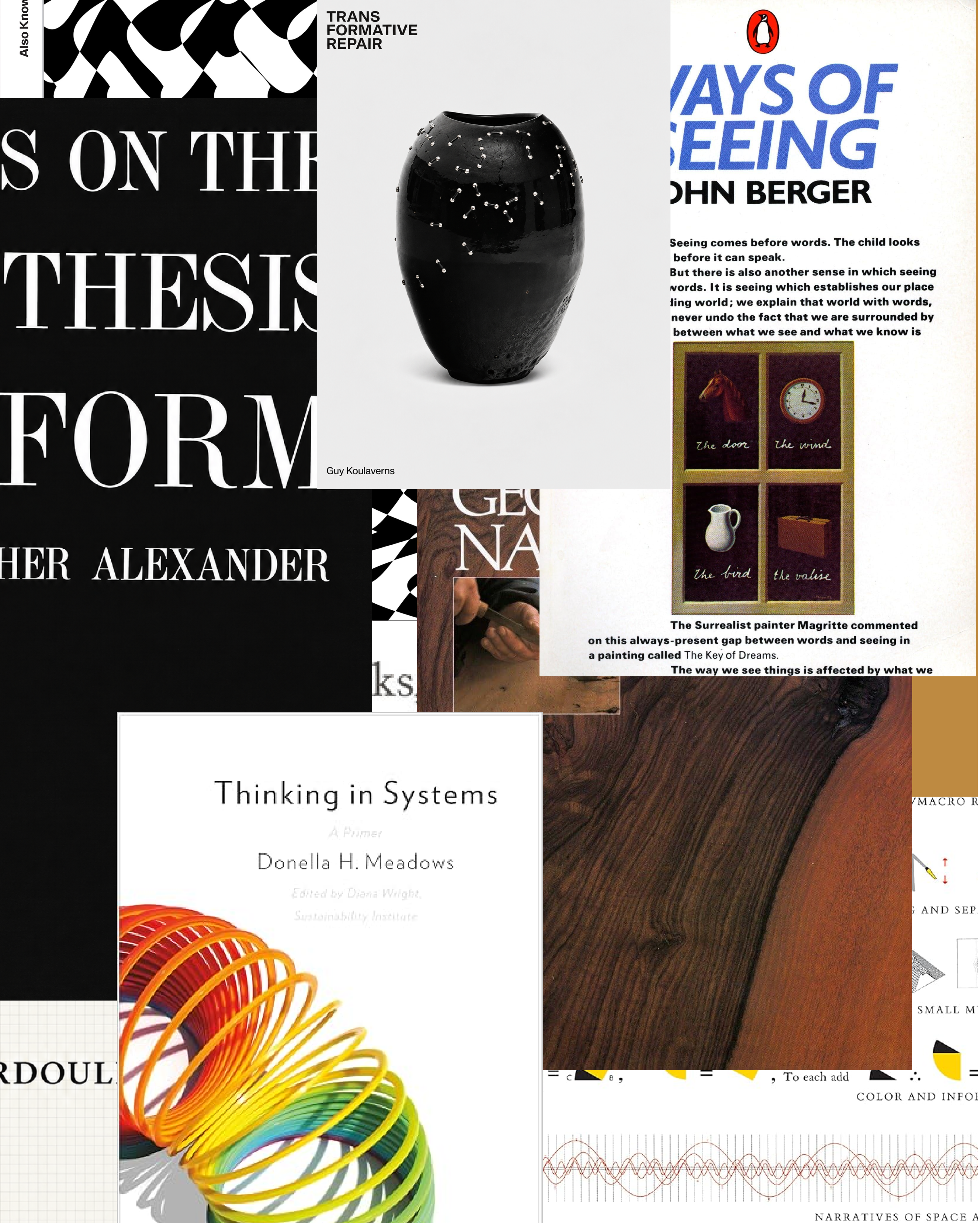 Collage of various book covers, including "Ways of Seeing," "Thinking in Systems," "Notes on the Synthesis of Form," and "Transformative Repair."