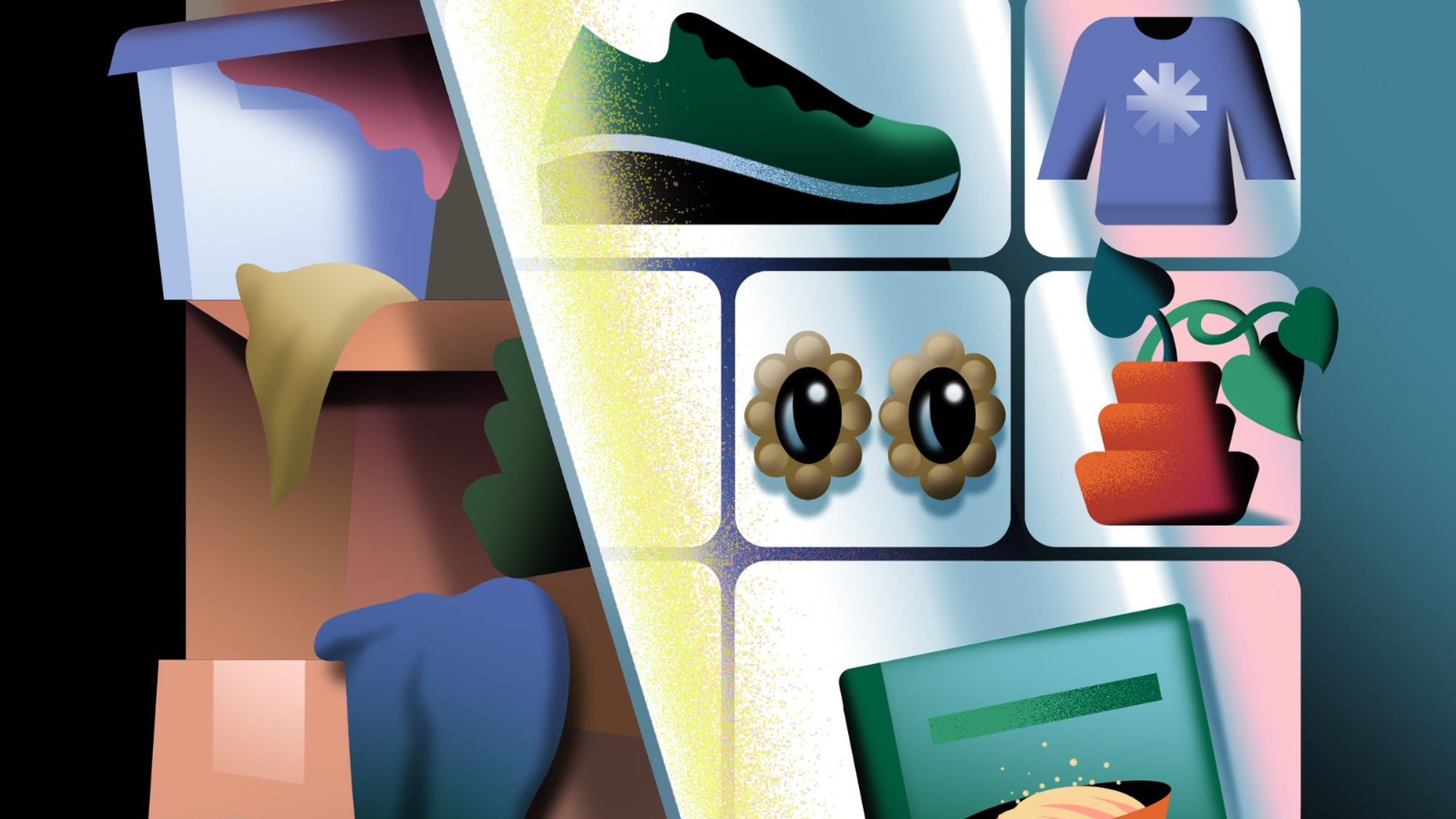 Illustration of a chest of drawers with clothing spilling out and a sleek app interface overlaid on top.