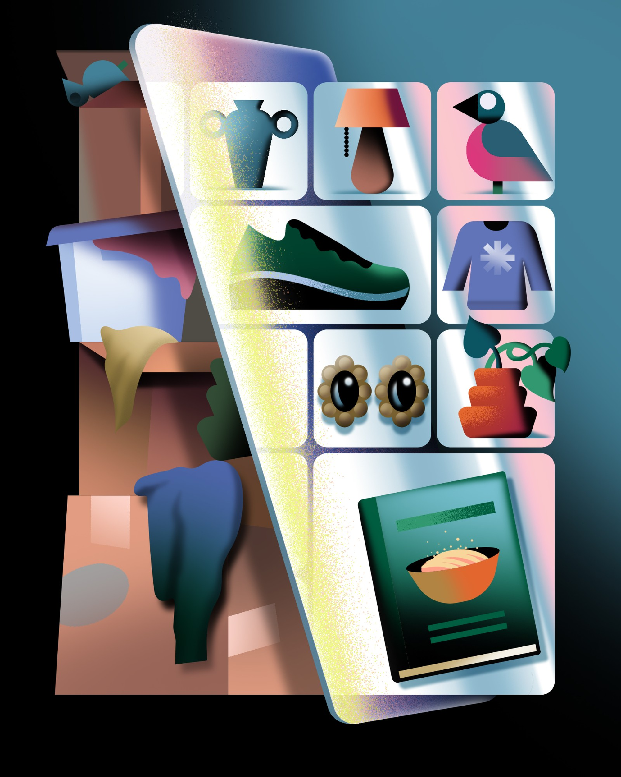 Illustration of a chest of drawers with clothing spilling out and a sleek app interface overlaid on top.