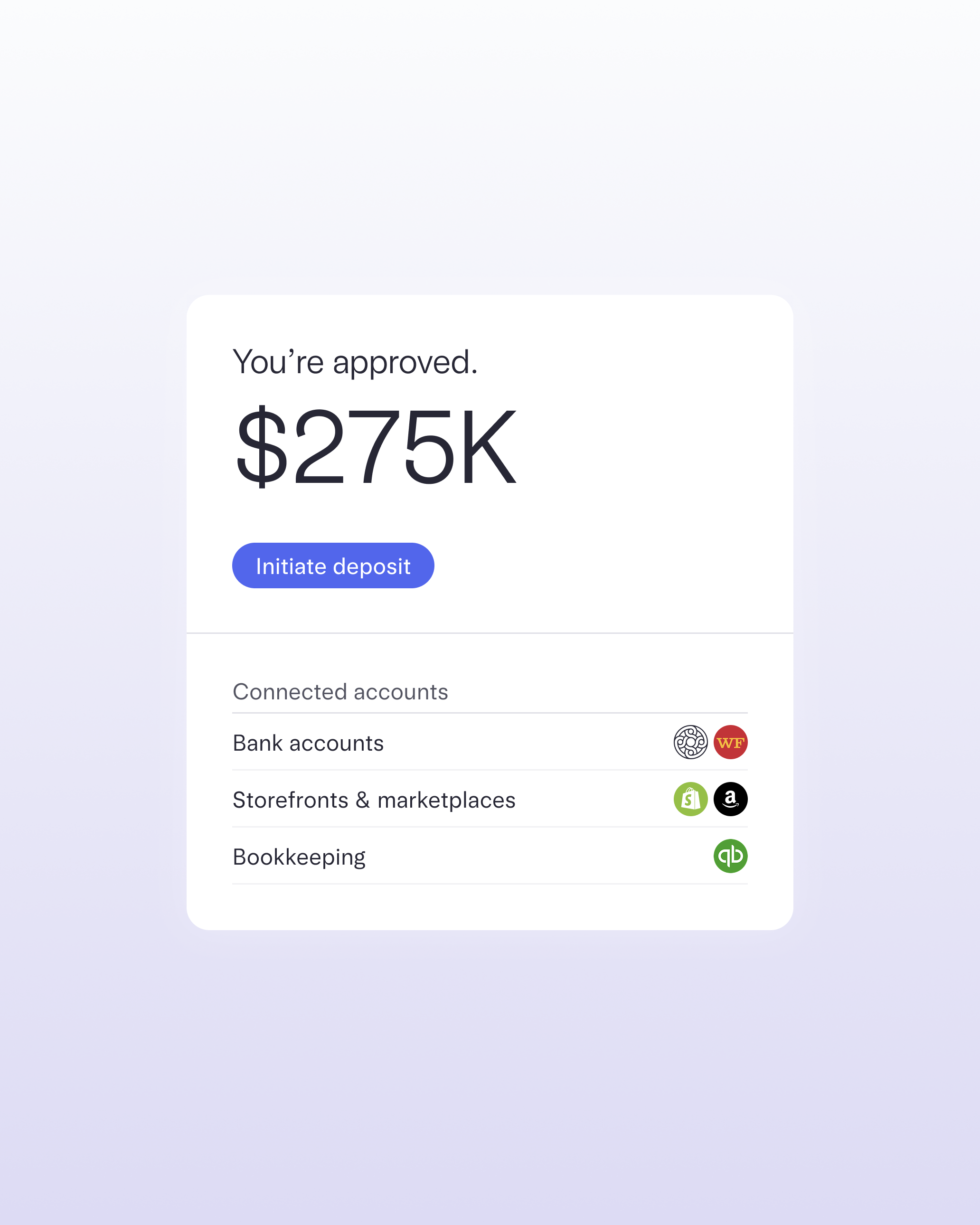 interface depicting working capital approval and connected accounts