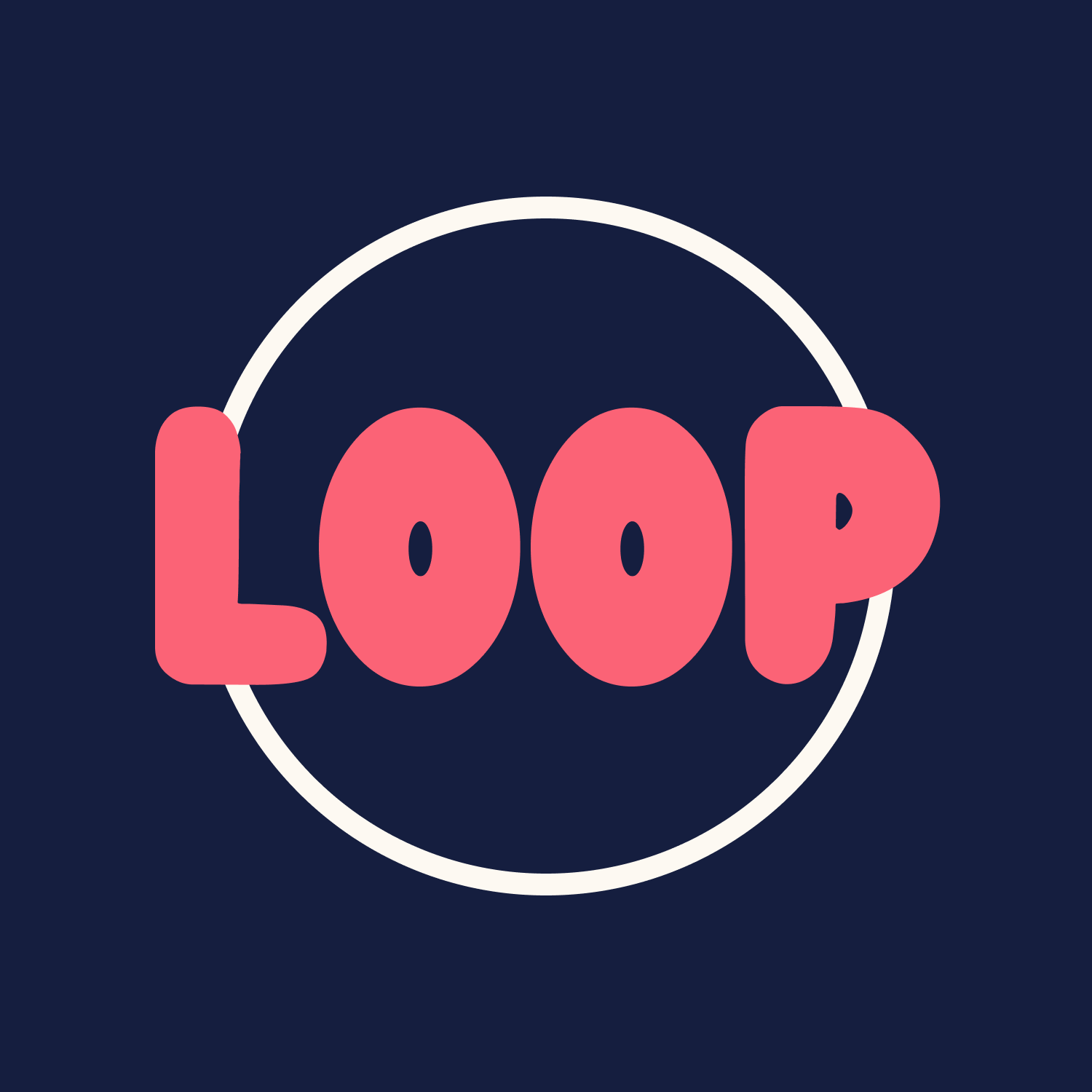 The LOOP logo, pink bubble text on a dark blue background