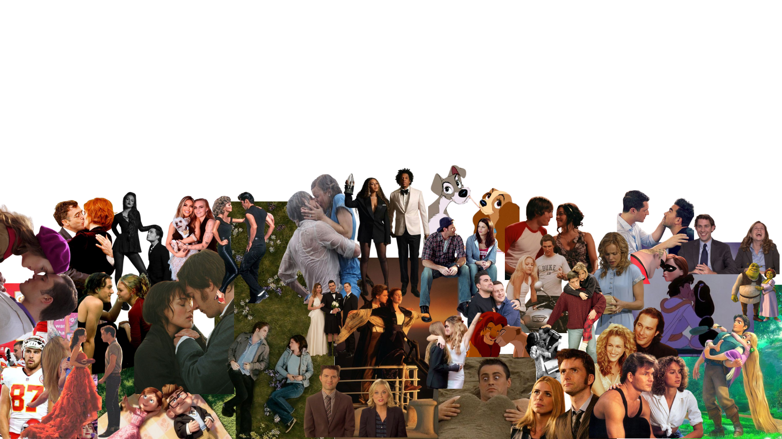 A collage featuring images depicting relationships. Pam & Jim, David & Patrick, and Chuck & Blaire, to name a few.