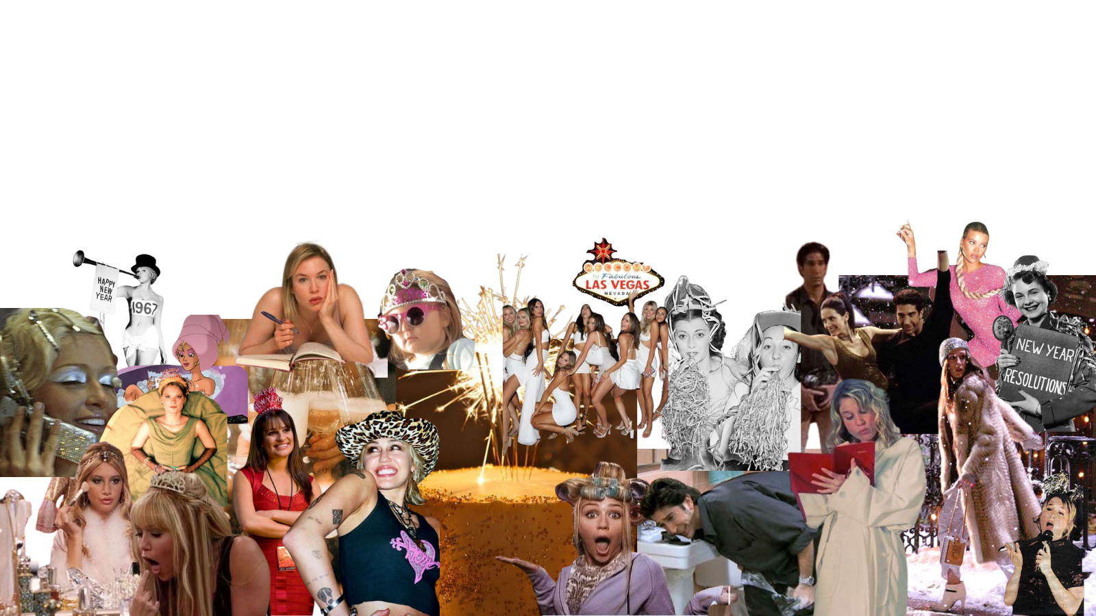 A collage featuring many images relating to New Year's Eve. The Vegas sign, Bridget Jones writing in her diary, people dressed in sparkles.