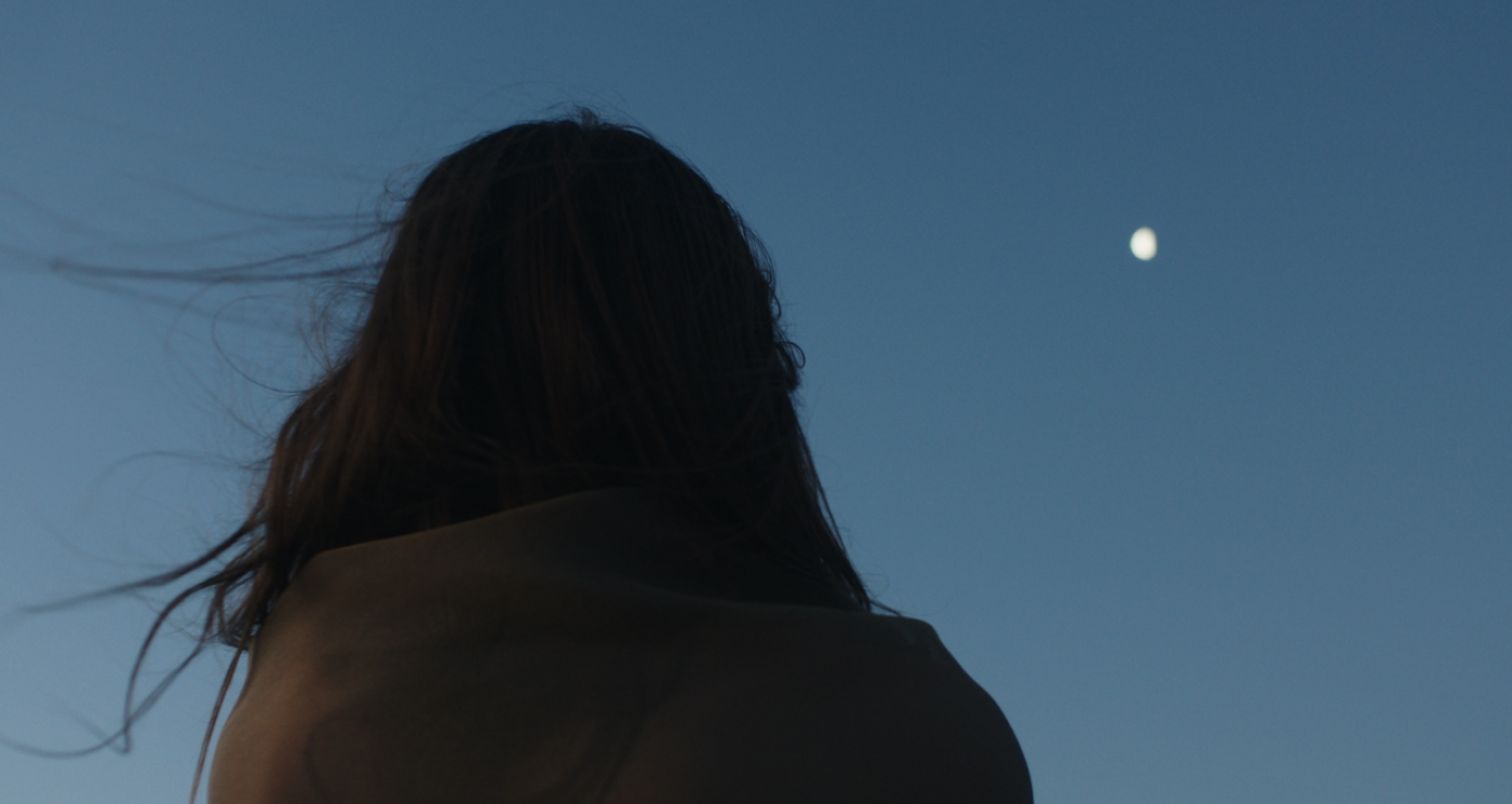 Person at the beach at night looking at the moon