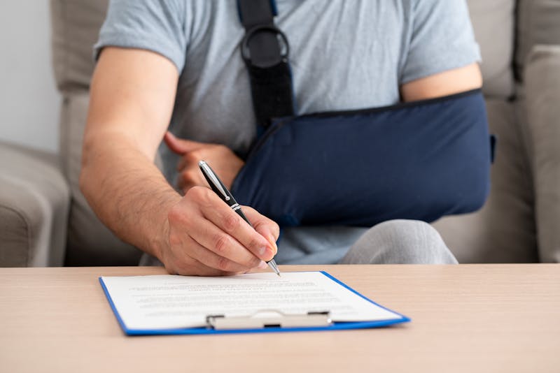 A man with broken arm filling out form