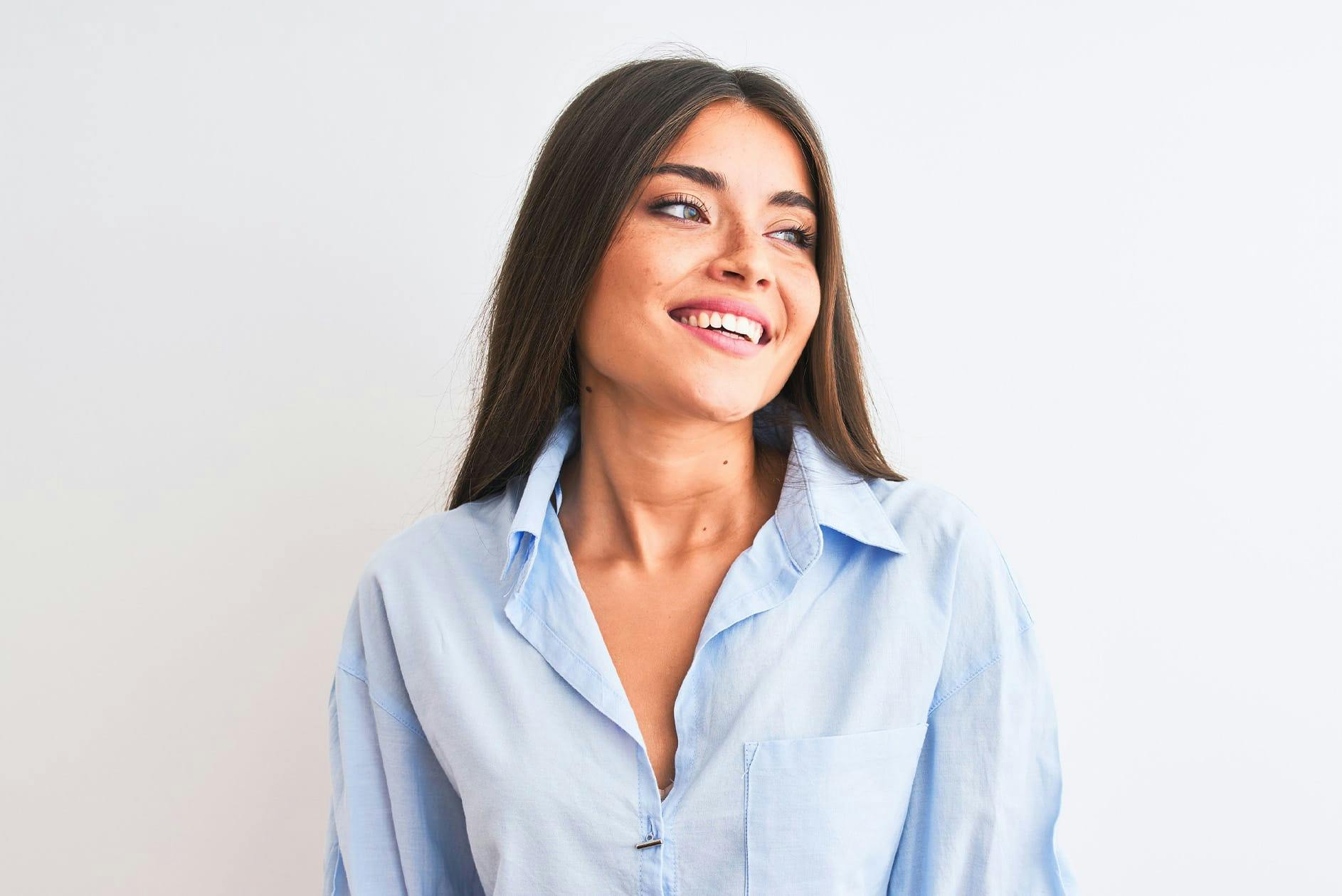 Woman in blue shirt